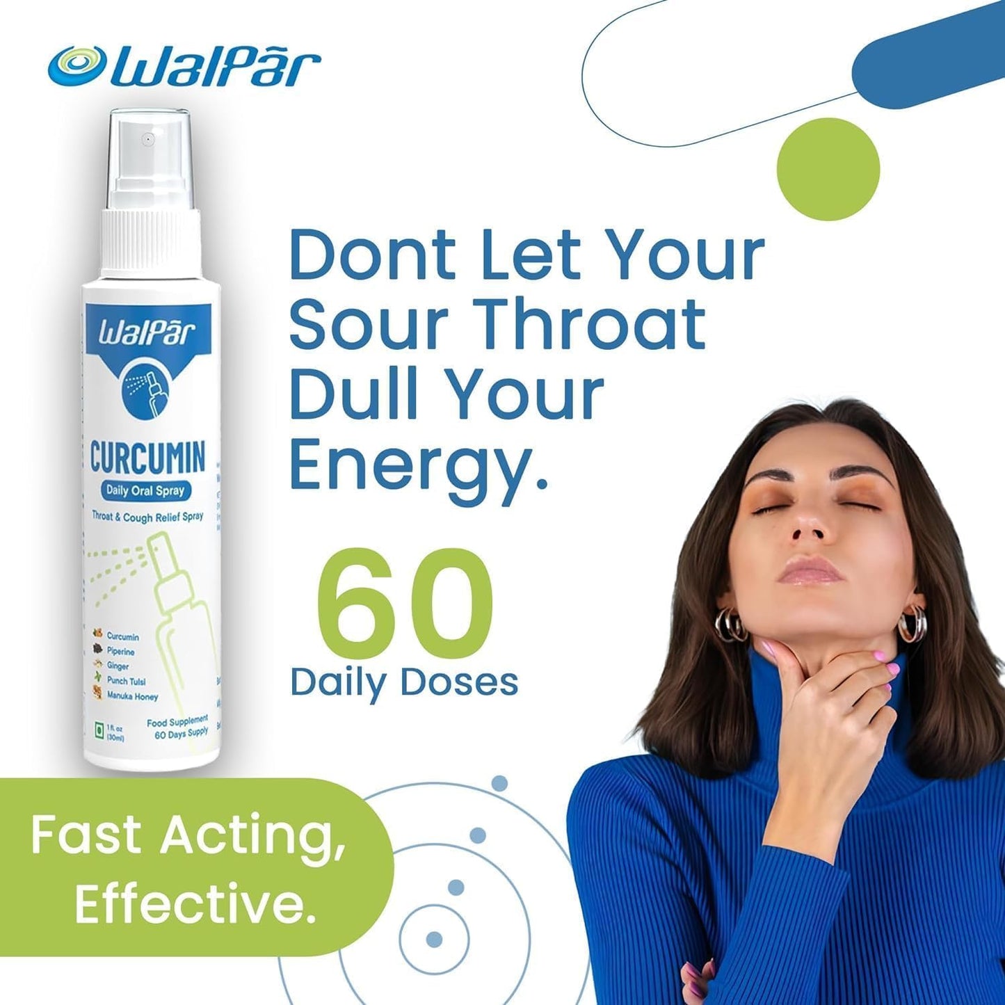 30ml WALPAR Curcumin Oral Spray with Piperine, Ginger Extract, Tulsi, and Manuka Honey - Natural Blend for 60 Days