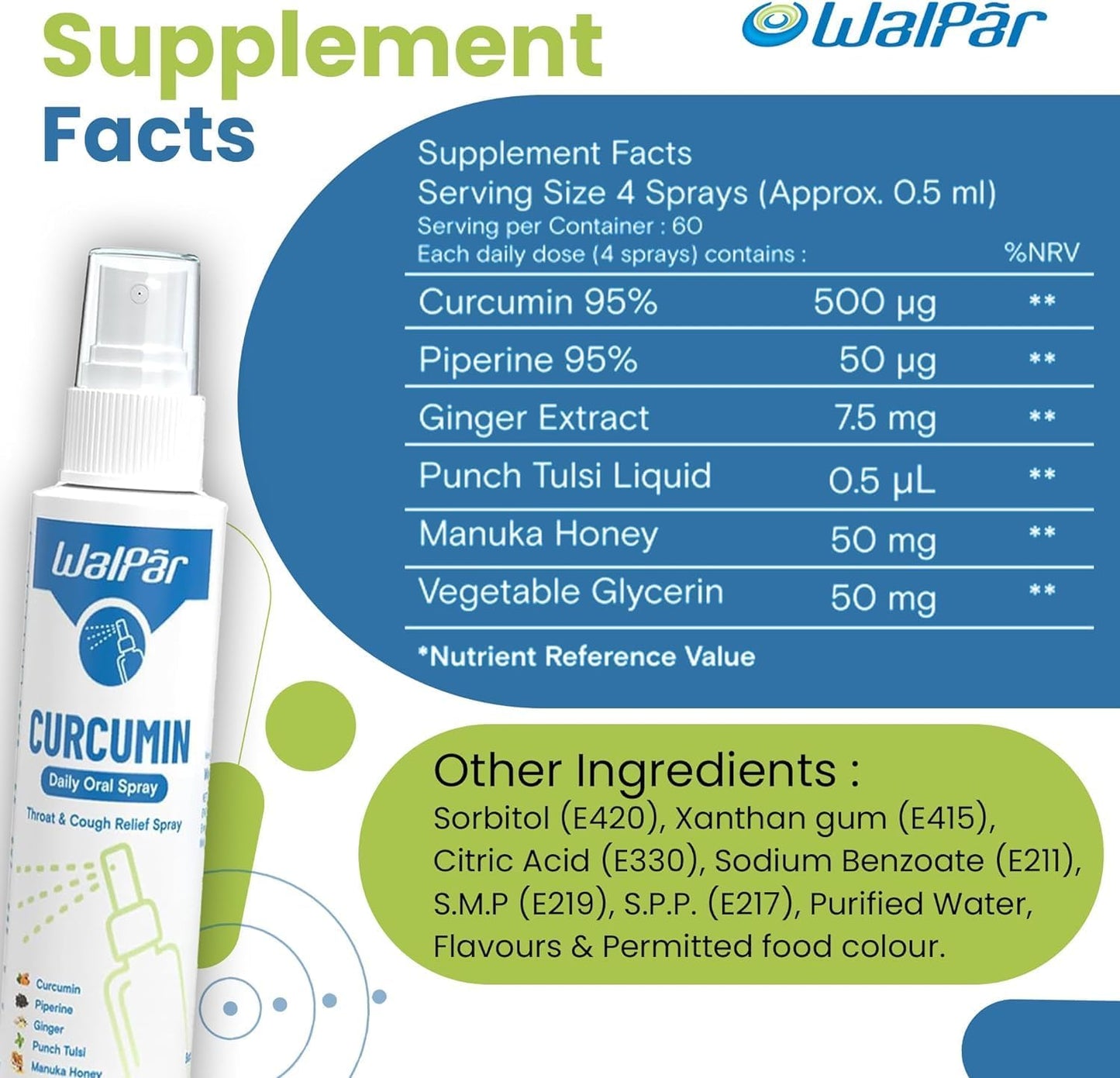 30ml WALPAR Curcumin Oral Spray with Piperine, Ginger Extract, Tulsi, and Manuka Honey - Natural Blend for 60 Days