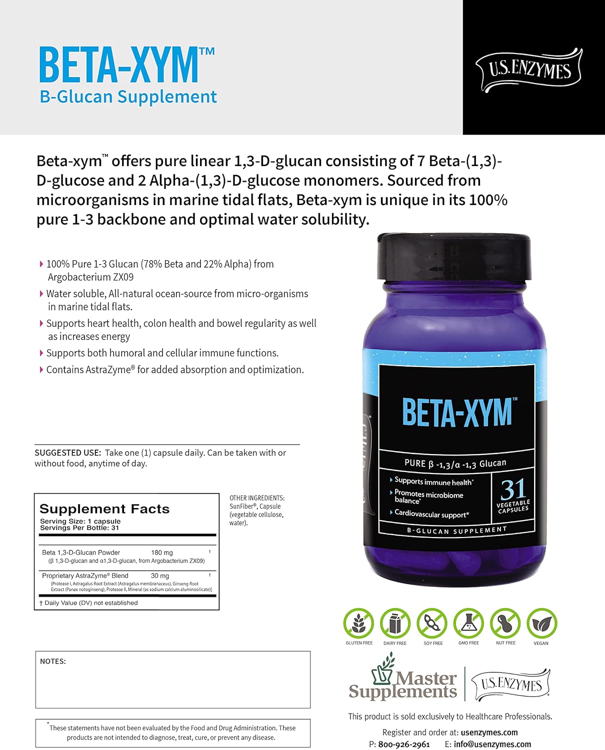 31 Count USAEnzymes U.S. Enzymes BETA-XYM Vegetable Capsules for Heart, Colon, and Bowel Health