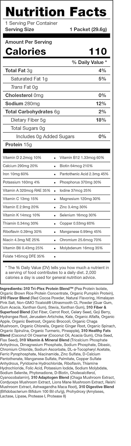 310 Nutrition All-In-One Meal Replacement Shake with Fiber Rich Vegan Superfood Blend - Natural Sweeteners - Low Carb, Keto, Paleo Friendly - Gluten Free - 26 Essential Vitamins & Minerals - Variety Pack - Chocolate Bliss