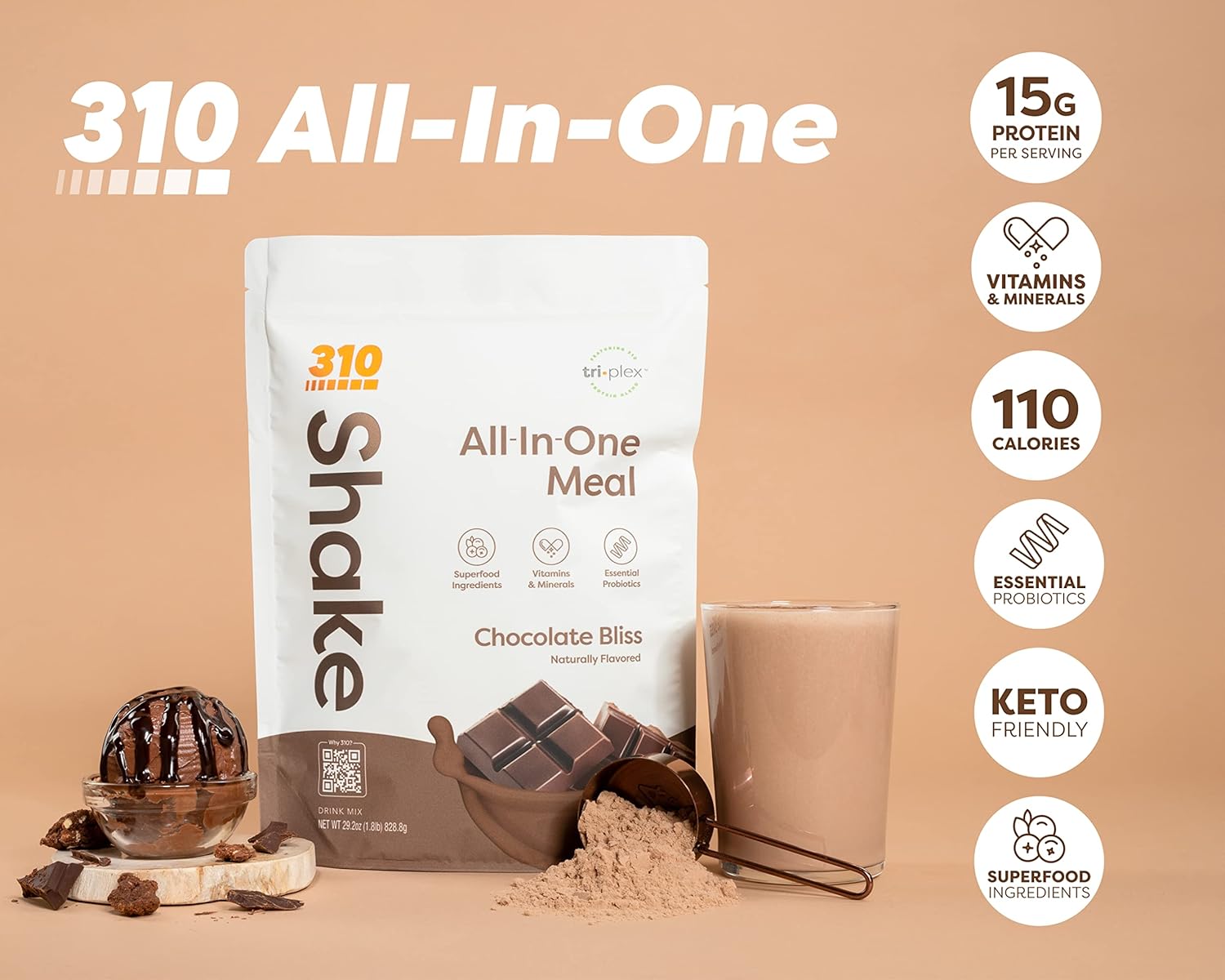 310 Nutrition All-In-One Meal Replacement Shake with Fiber Rich Vegan Superfood Blend - Natural Sweeteners - Low Carb, Keto, Paleo Friendly - Gluten Free - 26 Essential Vitamins & Minerals - Variety Pack - Chocolate Bliss