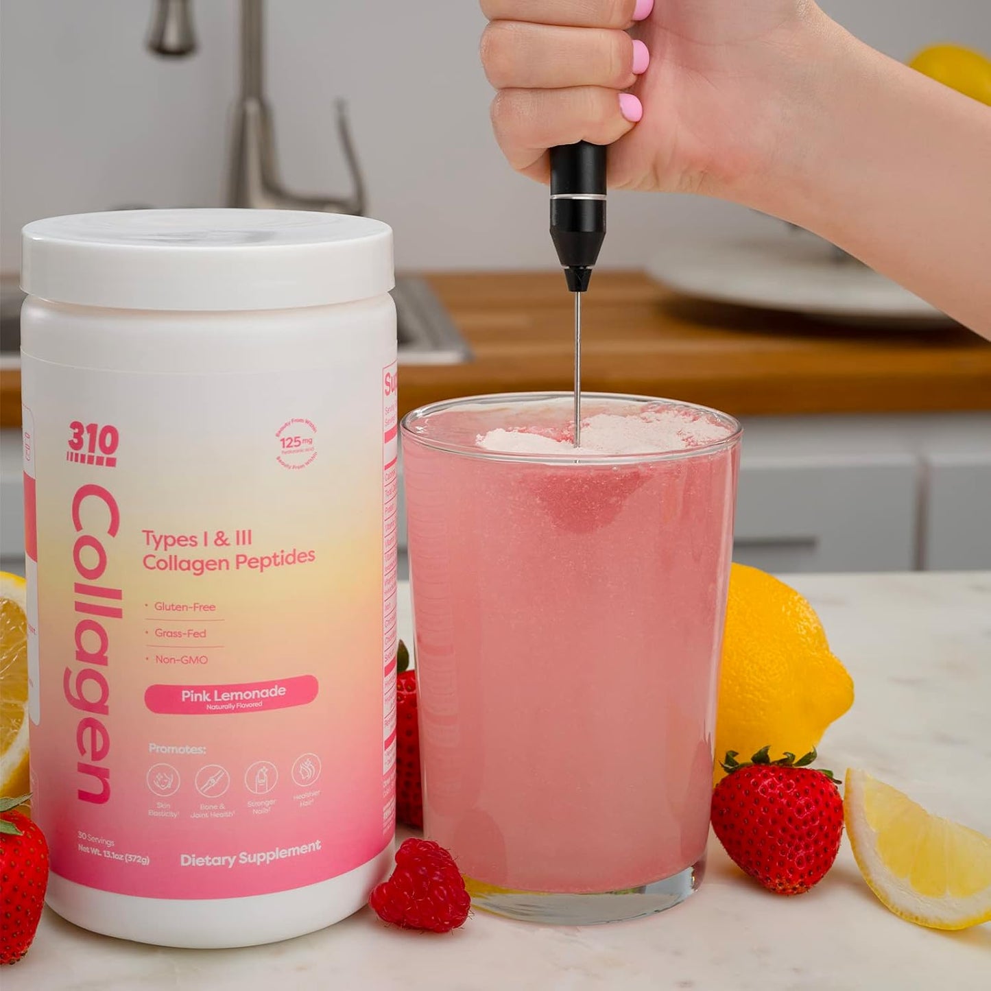 310 Nutrition Collagen Peptides Protein Powder with Vitamins - Pink Lemonade Flavor - Keto-Friendly Supplement - 30 Servings