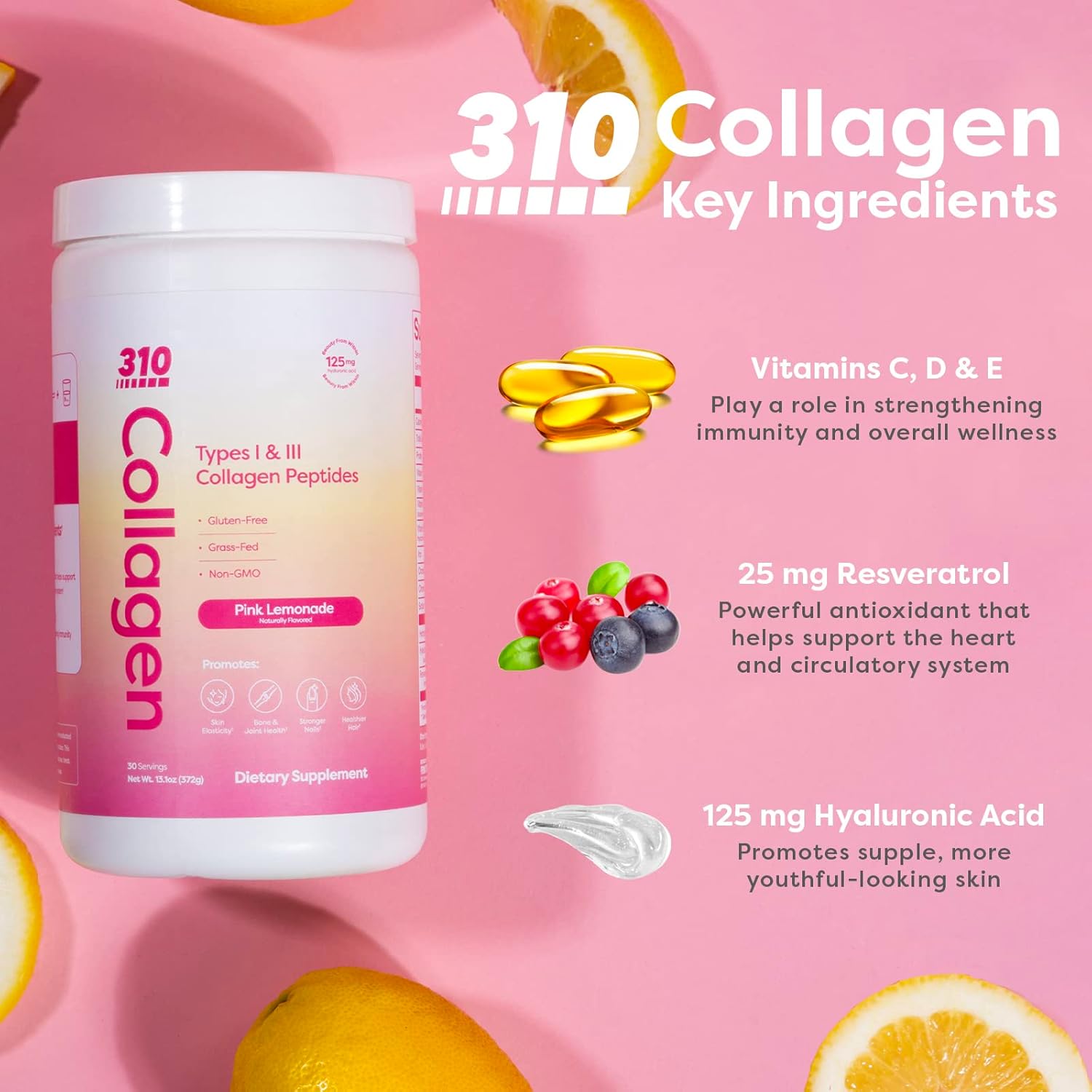 310 Nutrition Pink Lemonade Collagen Peptides Protein Powder with Vitamins C, D, and E - Multi Collagen Supplement - Keto Friendly - 30 Servings