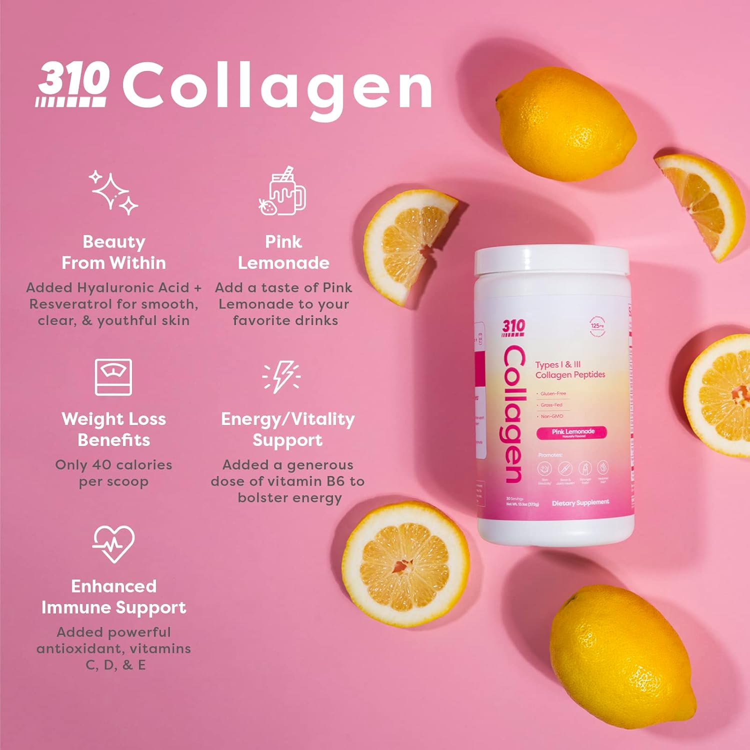 310 Nutrition Pink Lemonade Collagen Peptides Protein Powder with Vitamins C, D, and E - Multi Collagen Supplement - Keto Friendly - 30 Servings