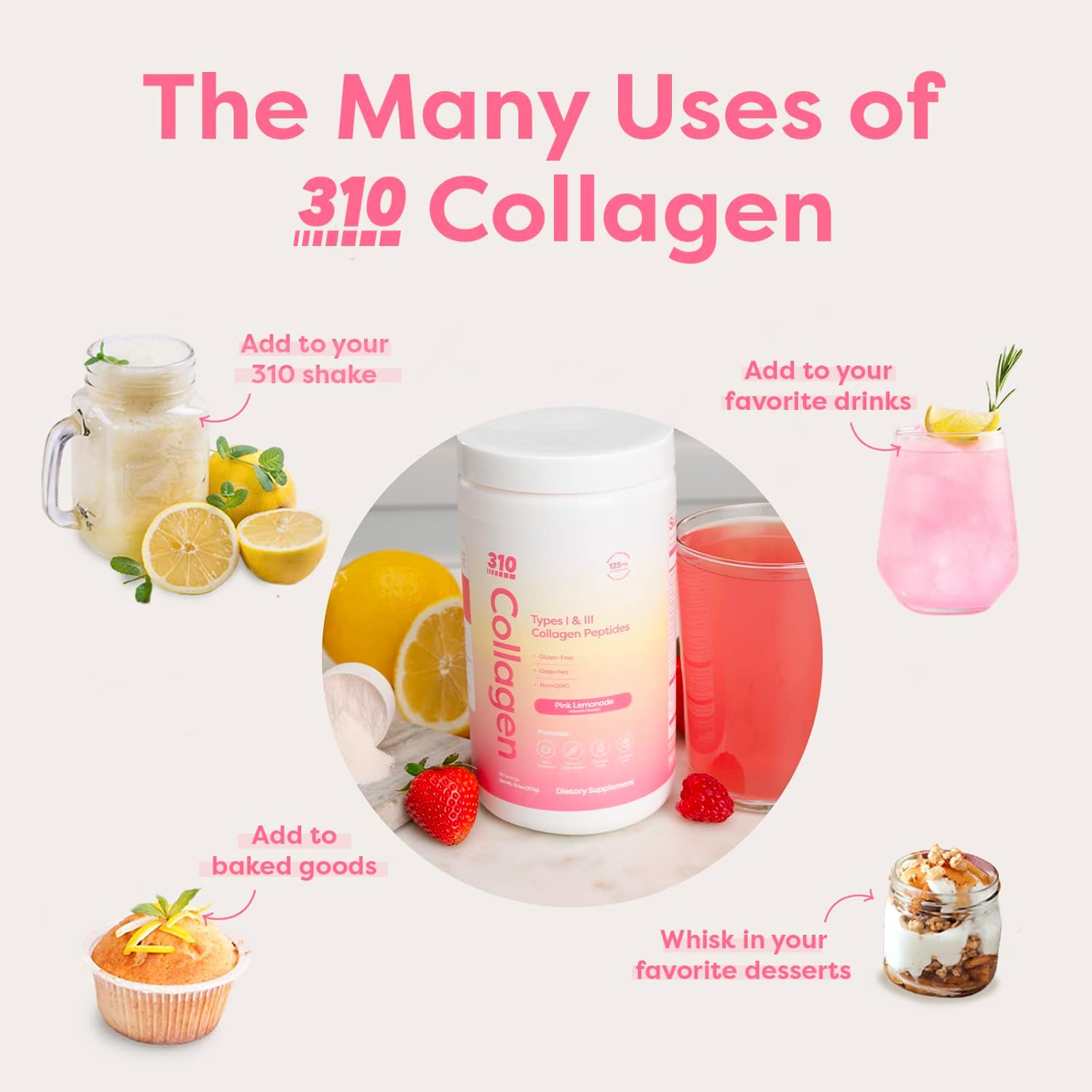 310 Nutrition Pink Lemonade Collagen Peptides Protein Powder with Vitamins C, D, and E - Multi Collagen Supplement - Keto Friendly - 30 Servings