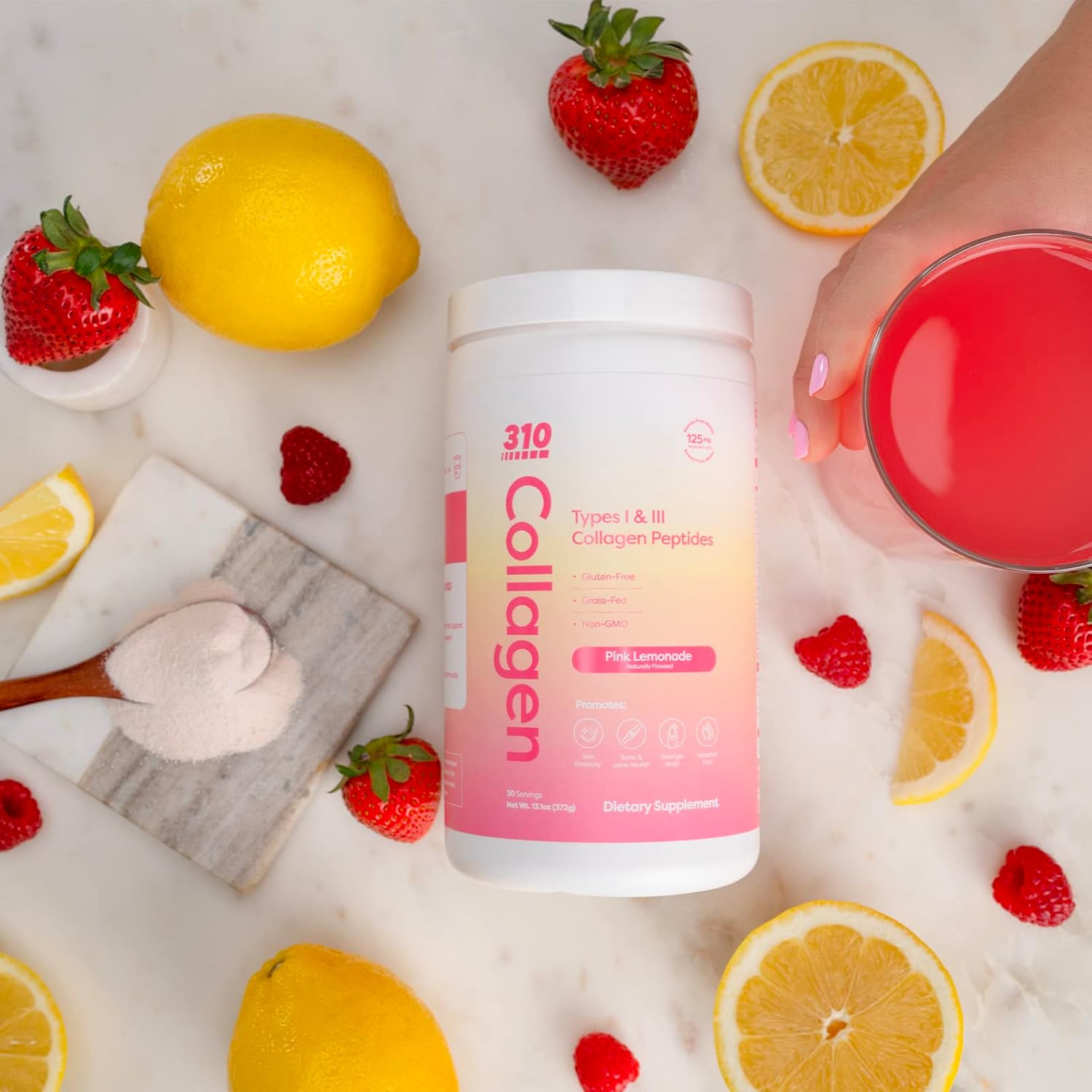 310 Nutrition Pink Lemonade Collagen Peptides Protein Powder with Vitamins C, D, and E - Multi Collagen Supplement - Keto Friendly - 30 Servings