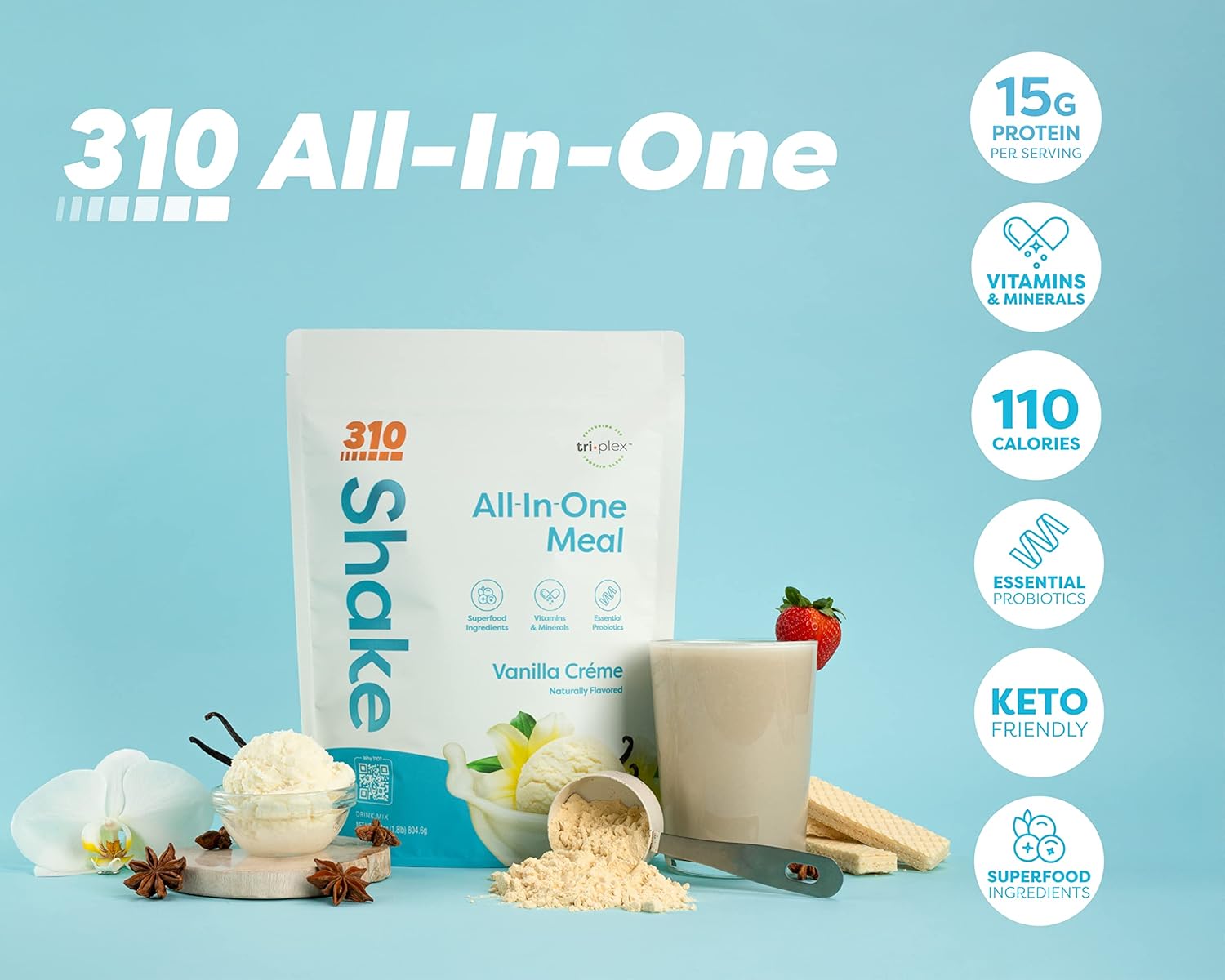 310 Nutrition Vanilla Crème Meal Replacement Shake with Fiber Rich Superfood Blend - Low Carb, Keto & Paleo Friendly - Gluten Free - 26 Vitamins & Minerals - Variety Pack