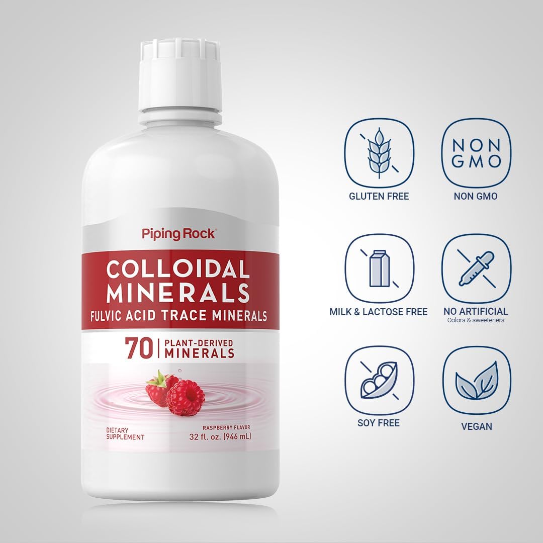 32 fl oz Piping Rock Liquid Colloidal Minerals with Fulvic Acid Trace Minerals - Raspberry Flavor | Plant Based | Vegetarian, Non-GMO, Gluten Free
