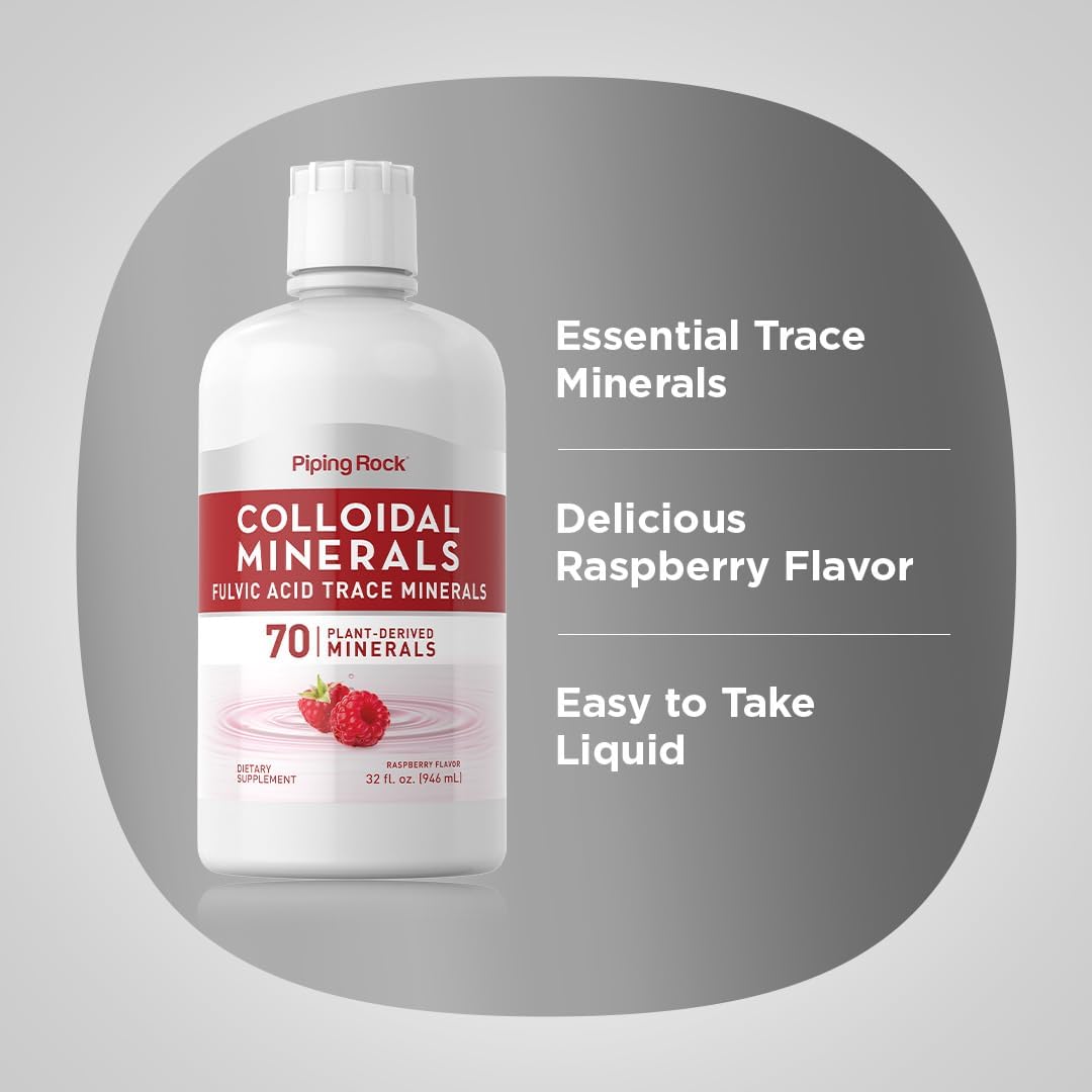 32 fl oz Piping Rock Liquid Colloidal Minerals with Fulvic Acid Trace Minerals - Raspberry Flavor | Plant Based | Vegetarian, Non-GMO, Gluten Free