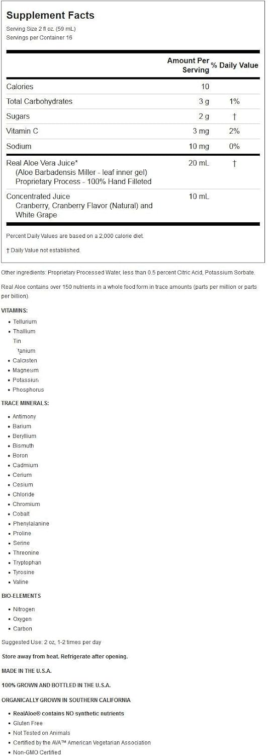 32 floz Real Aloe Organic CranAloe Juice with Aloe Vera and Cranberry Supplement - California Grown Since 1972