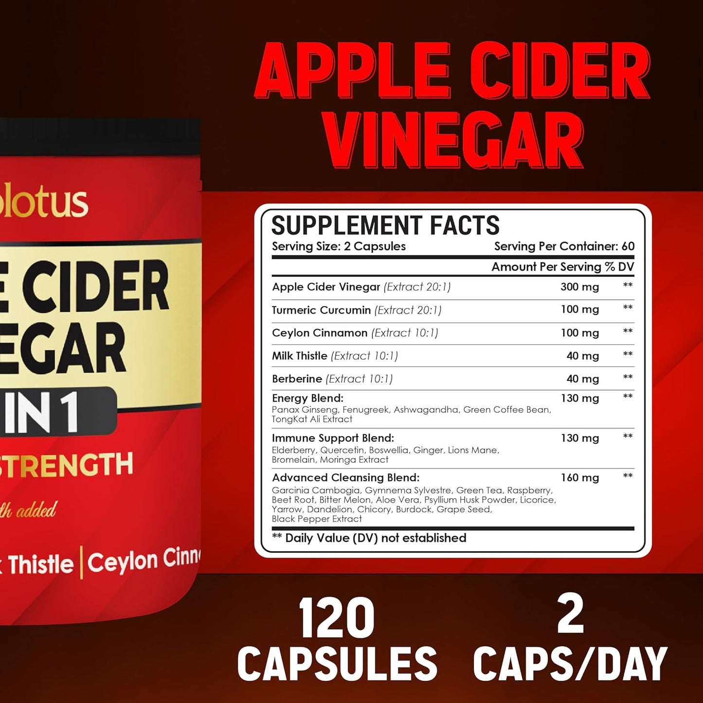 32-in-1 Apple Cider Vinegar Capsules with Turmeric, Cinnamon, Milk Thistle, Elderberry, Quercetin - Digestion & Immune Support - 120 Caps