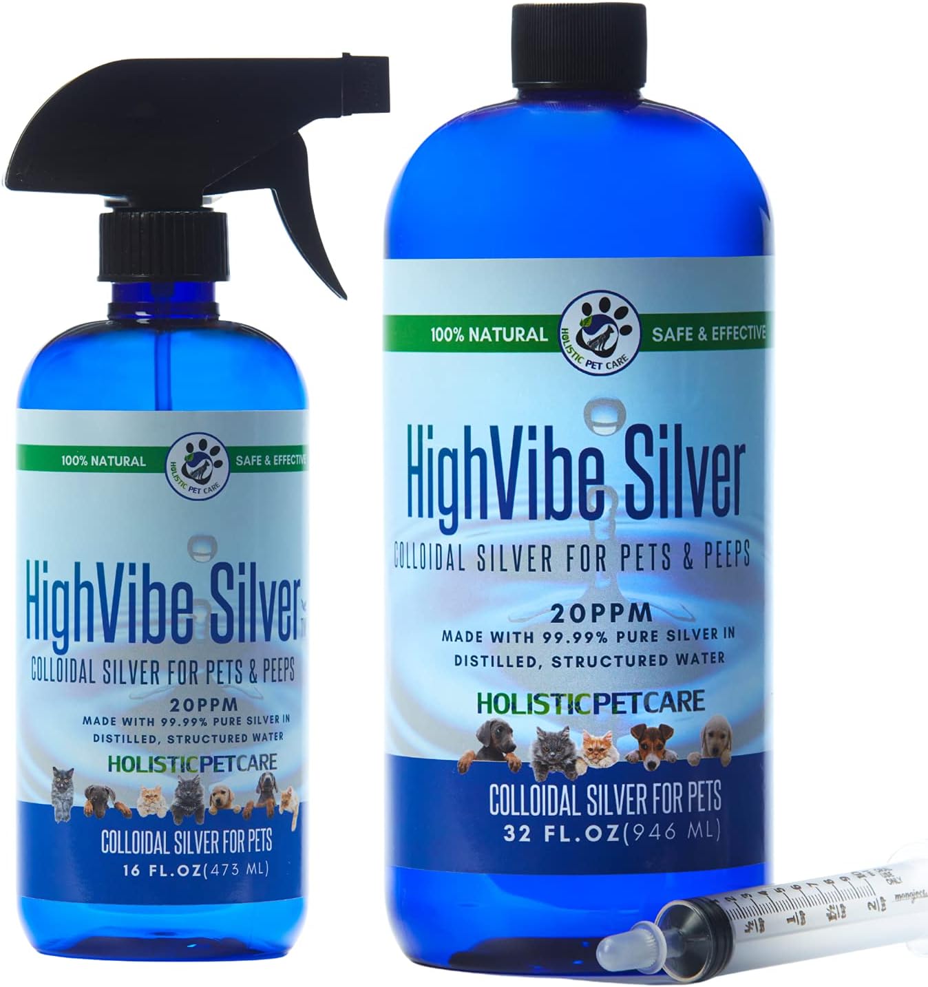 32 oz and 16 oz HighVibe Colloidal Silver for Pets - Boost Your Pet's Well-being with High-Quality Silver Solution