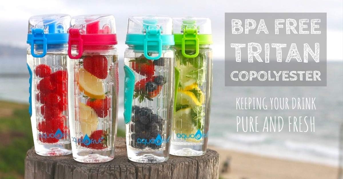 32 oz AquaFrut Fruit Infuser Water Bottle - BPA-Free Sports Bottle with Flip Top Lid, Leak Proof, Tritan Material - Includes Free Recipe eBook - Black