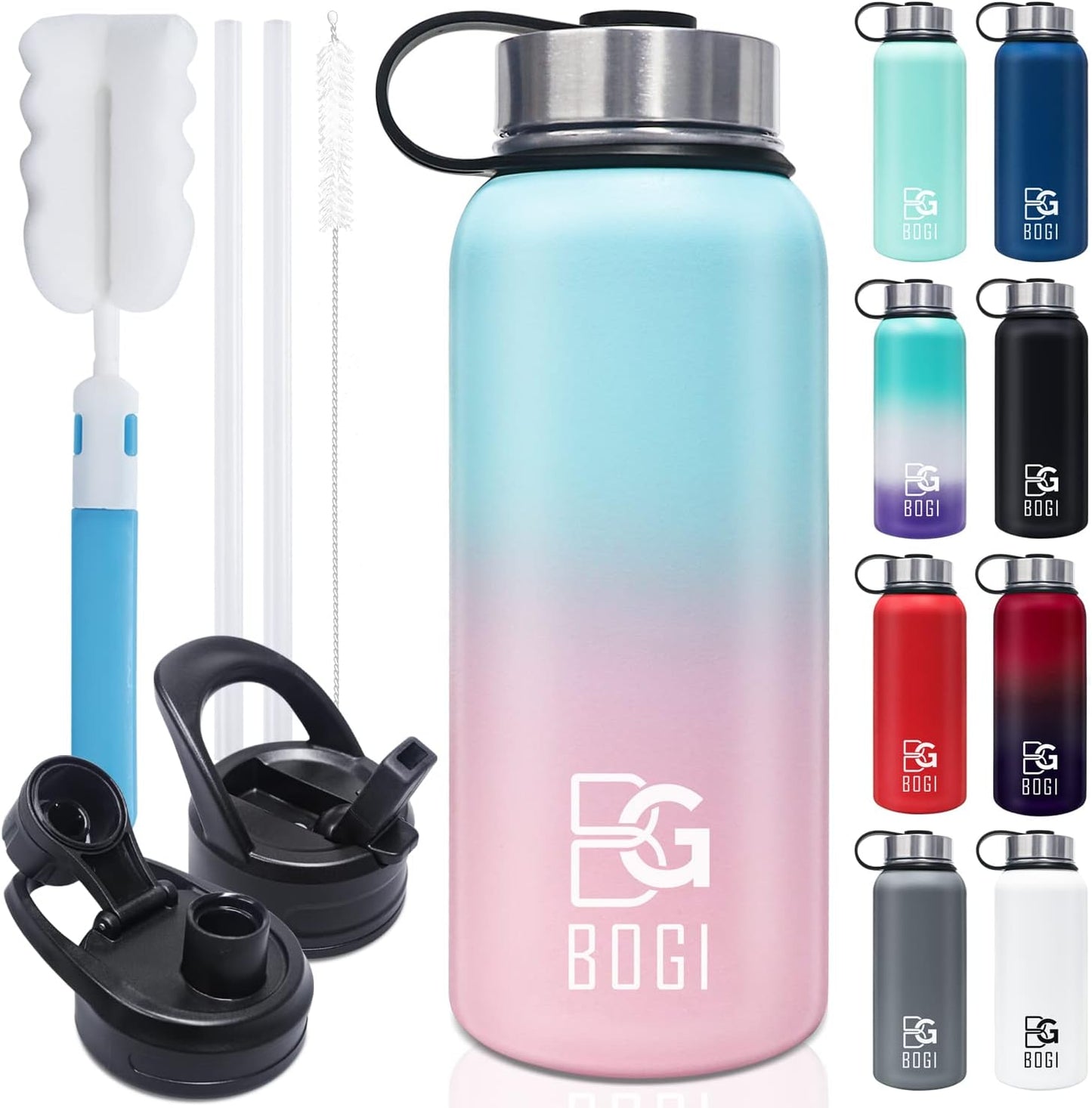 32 oz BOGI Insulated Water Bottle with Straw, 3 Lids - Stainless Steel, Double Wall Vacuum, Sweat-Proof, Wide Mouth - Hot/Cold for Sports, Gym, Office - Blue Pink