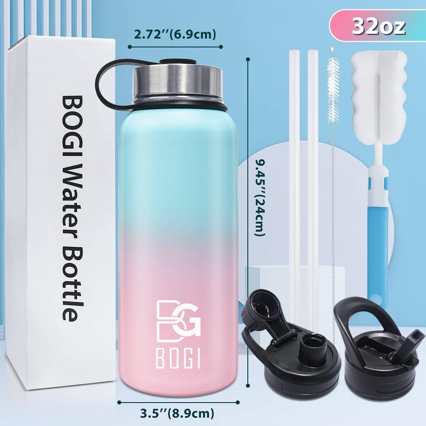 32 oz BOGI Insulated Water Bottle with Straw, 3 Lids - Stainless Steel, Double Wall Vacuum, Sweat-Proof, Wide Mouth - Hot/Cold for Sports, Gym, Office - Blue Pink