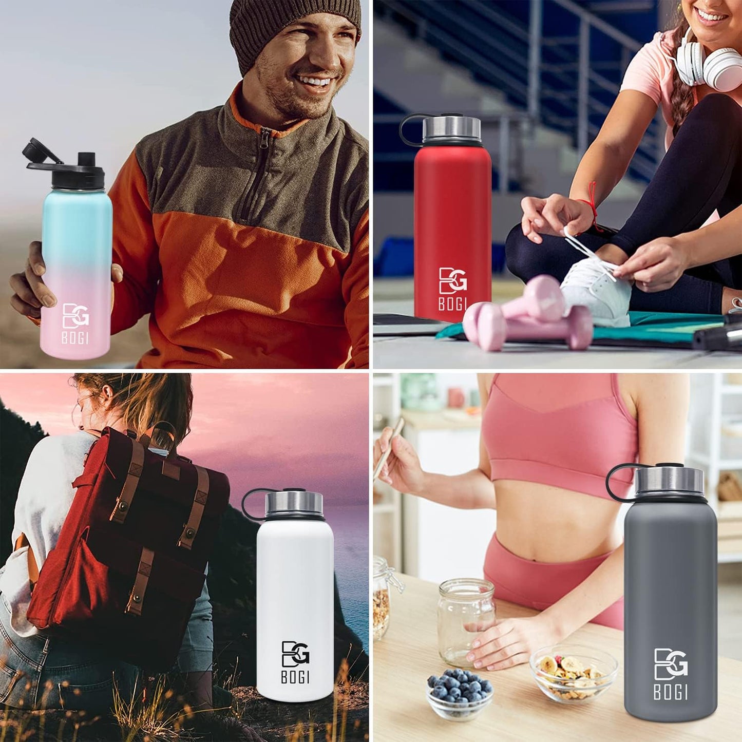 32 oz BOGI Insulated Water Bottle with Straw, 3 Lids - Stainless Steel, Double Wall Vacuum, Sweat-Proof, Wide Mouth - Hot/Cold for Sports, Gym, Office - Blue Pink