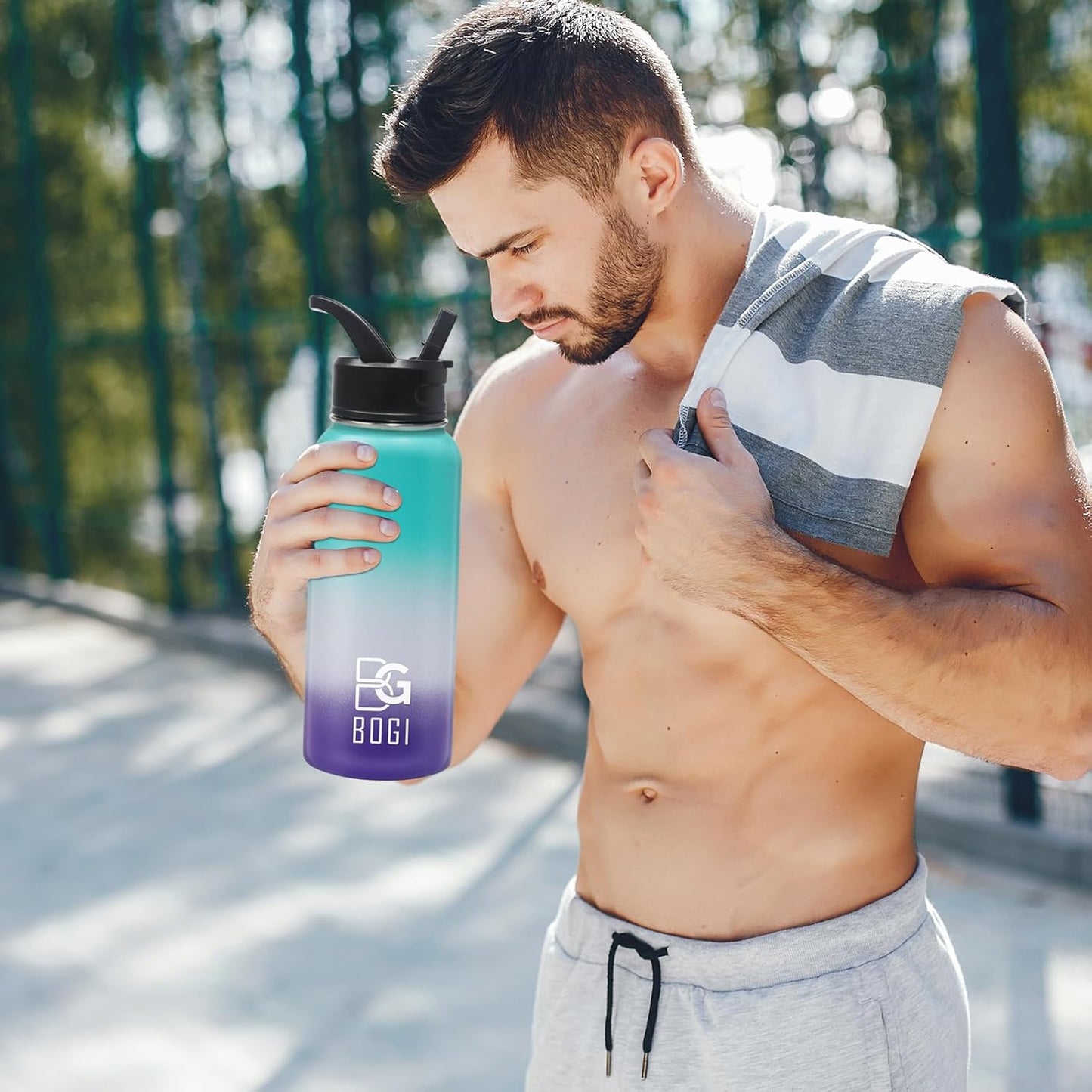 32 oz BOGI Insulated Water Bottle with Straw, 3 Lids - Stainless Steel, Double Wall Vacuum, Sweat-Proof, Wide Mouth - Hot/Cold for Sports, Gym, Office - Blue Pink