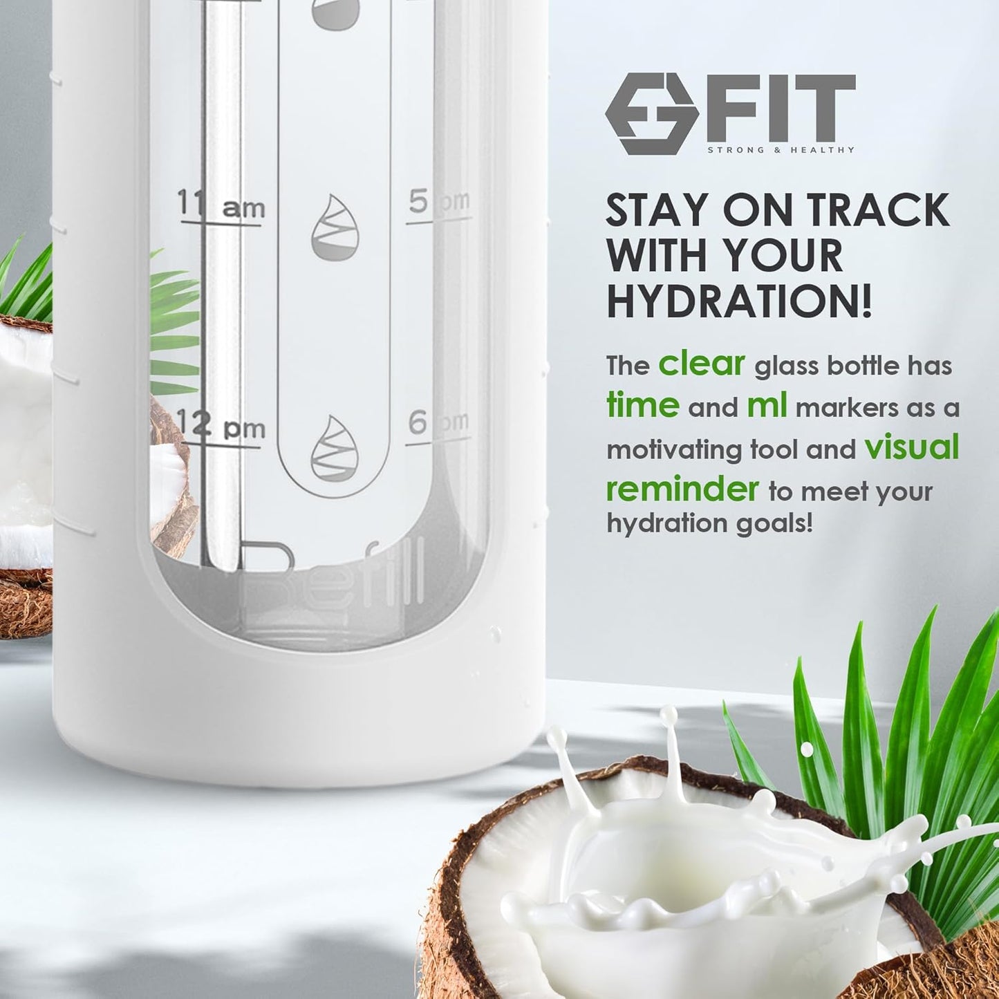 32 oz FIT Strong & Healthy Glass Water Bottle with Time Marker Reminder - Leakproof Wide Mouth Reusable 1 Liter Drinking Bottle - Large Motivational Water Bottle - White with Extra Lid & Cleaning Brush