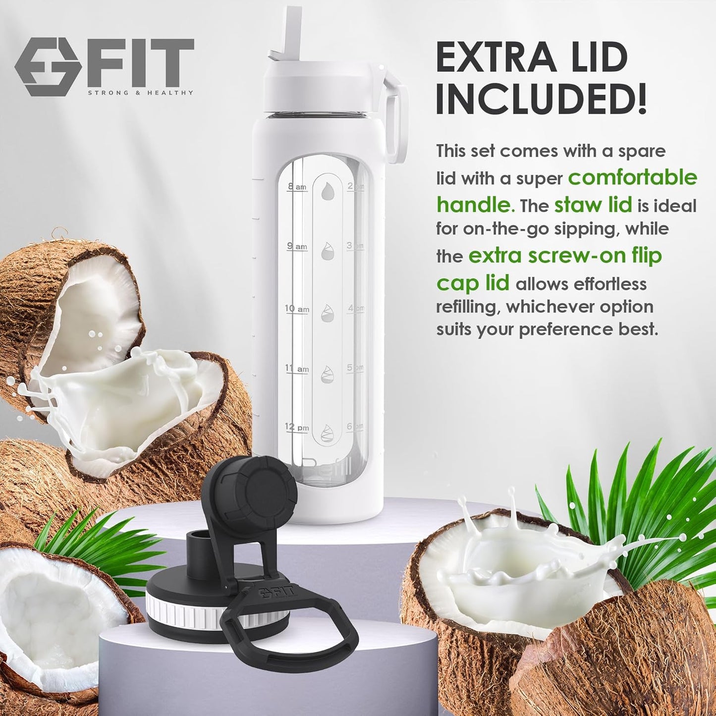 32 oz FIT Strong & Healthy Glass Water Bottle with Time Marker Reminder - Leakproof Wide Mouth Reusable 1 Liter Drinking Bottle - Large Motivational Water Bottle - White with Extra Lid & Cleaning Brush