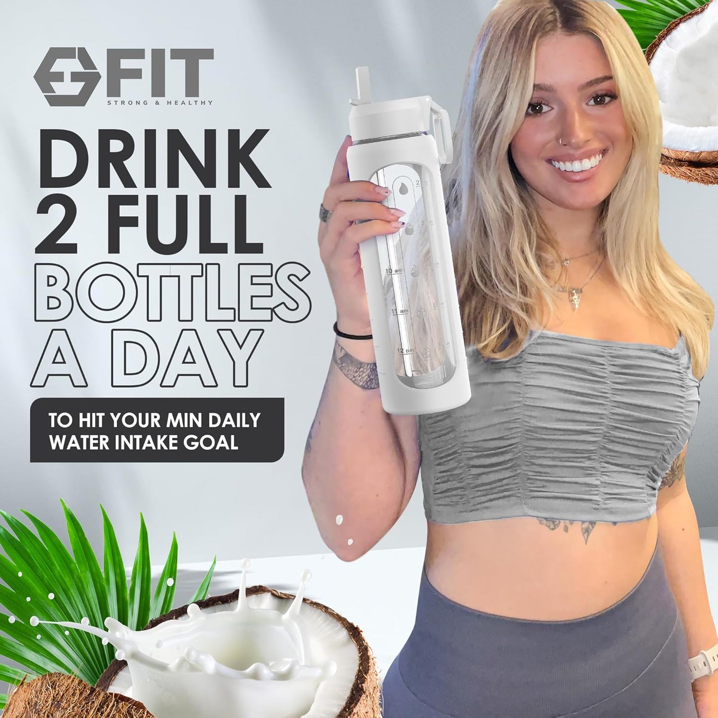 32 oz FIT Strong & Healthy Glass Water Bottle with Time Marker Reminder - Leakproof Wide Mouth Reusable 1 Liter Drinking Bottle - Large Motivational Water Bottle - White with Extra Lid & Cleaning Brush