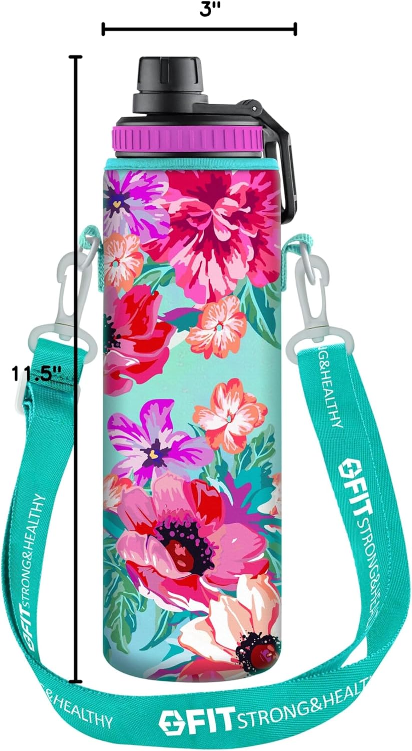 32 oz Glass Water Bottle with Straw Lid, Time Marker, Sleeve, Holder & Strap - Motivational, Wide Mouth, 1L Drinking Bottle - Purple Floral Carrier