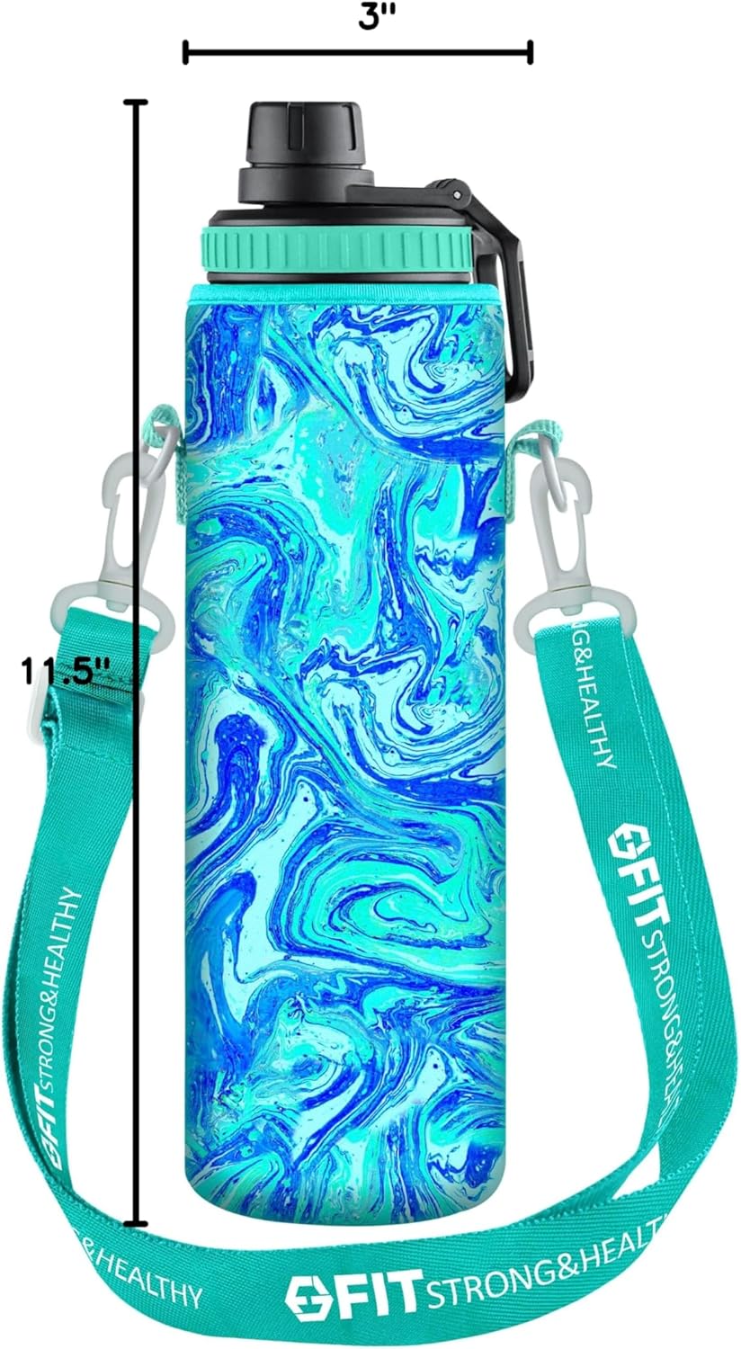 32 oz Glass Water Bottle with Straw Lid, Time Marker, Sleeve, Extra Lid & Holder - Motivational Wide Mouth 1L Drinking Bottle - Seafoam Sleeve, Blue Marble Carrier