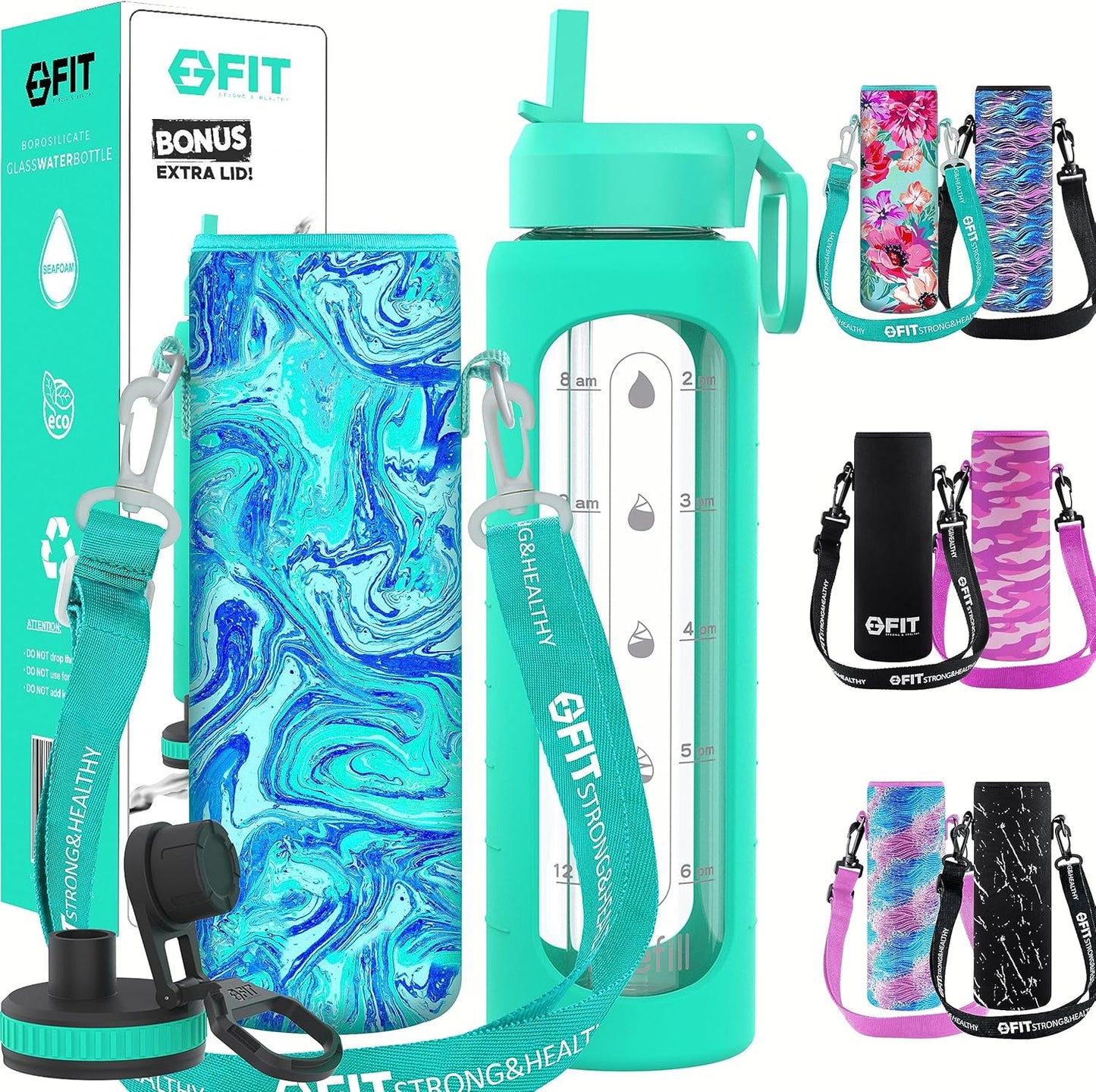 32 oz Glass Water Bottle with Straw Lid, Time Marker, Sleeve, Extra Lid & Holder - Motivational Wide Mouth 1L Drinking Bottle - Seafoam Sleeve, Blue Marble Carrier