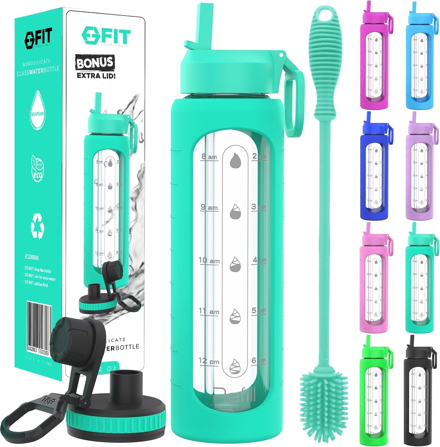 32 oz Glass Water Bottle with Straw Lid, Time Marker, Sleeve, & Brush - Motivational Wide Mouth BPA-Free Glass Bottle