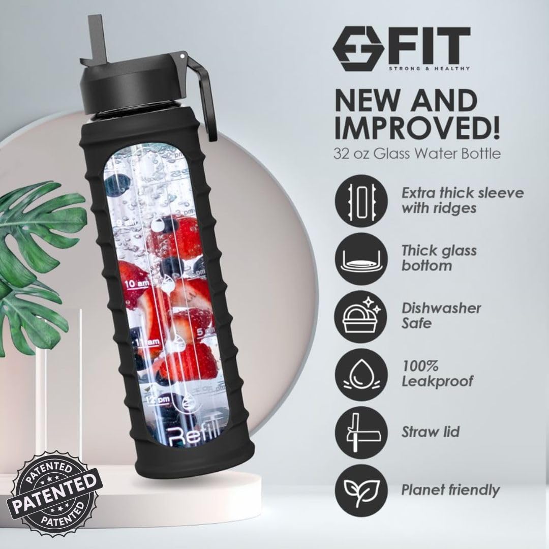 32 oz Glass Water Bottle with Straw Lid, Time Marker, Sleeve & Extra Lid - Motivational, Wide Mouth, BPA-Free Glass Drinking Bottle
