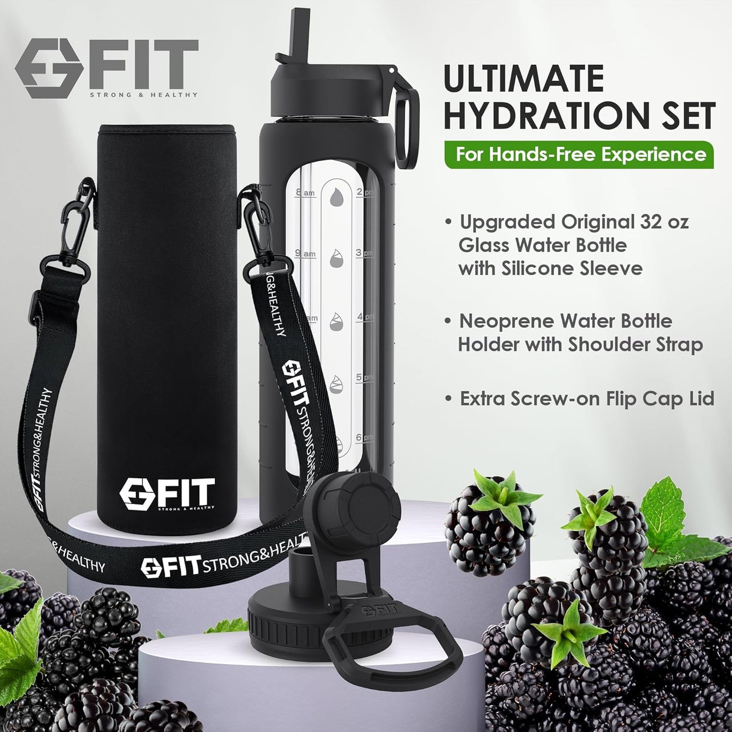 32 oz Glass Water Bottle with Straw Lid, Time Marker, Sleeve, Extra Lid & Holder - Motivational Wide Mouth 1L Drinking Bottle