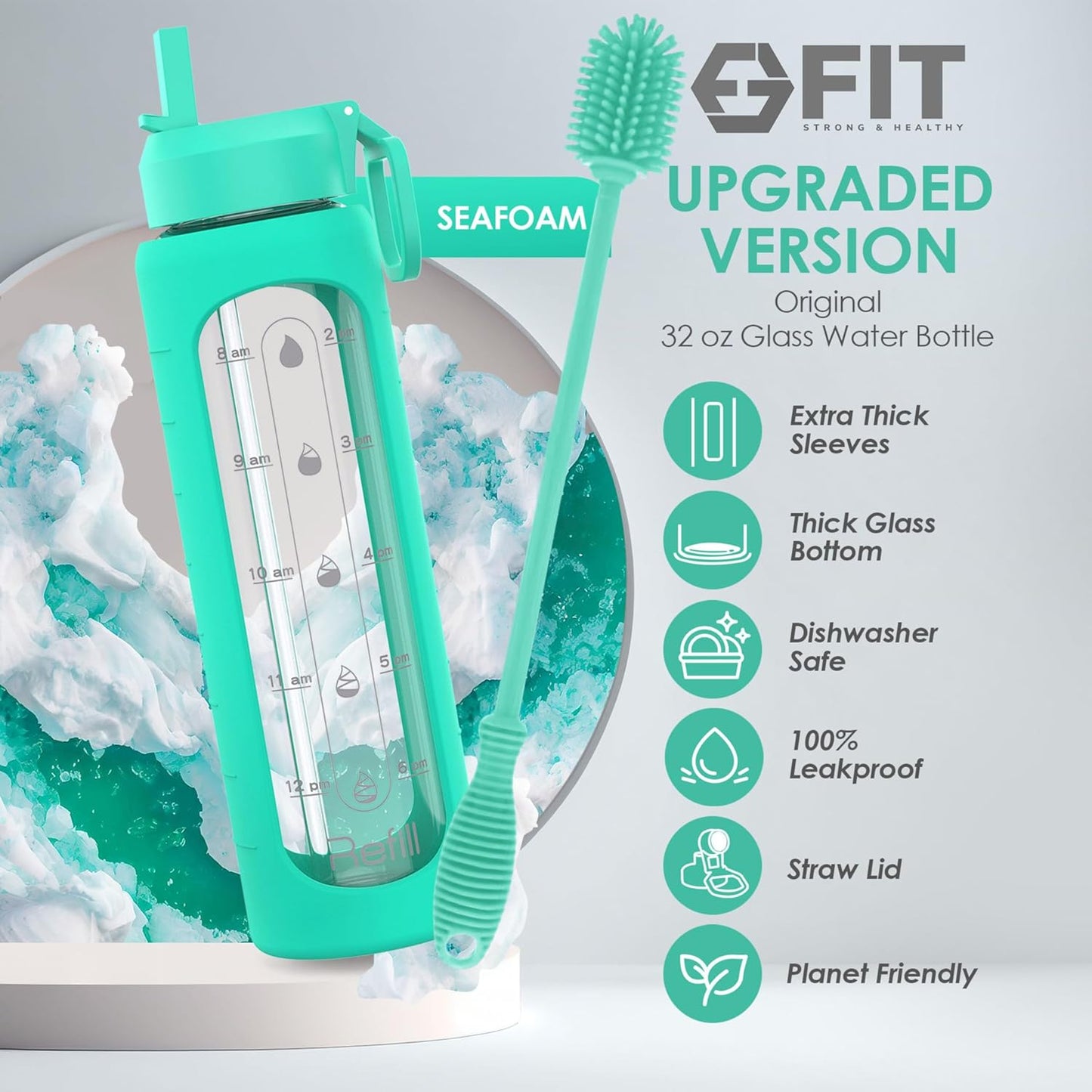 32 oz Glass Water Bottle with Straw Lid, Time Marker, Sleeve, & Brush - Motivational Wide Mouth BPA-Free Glass Bottle
