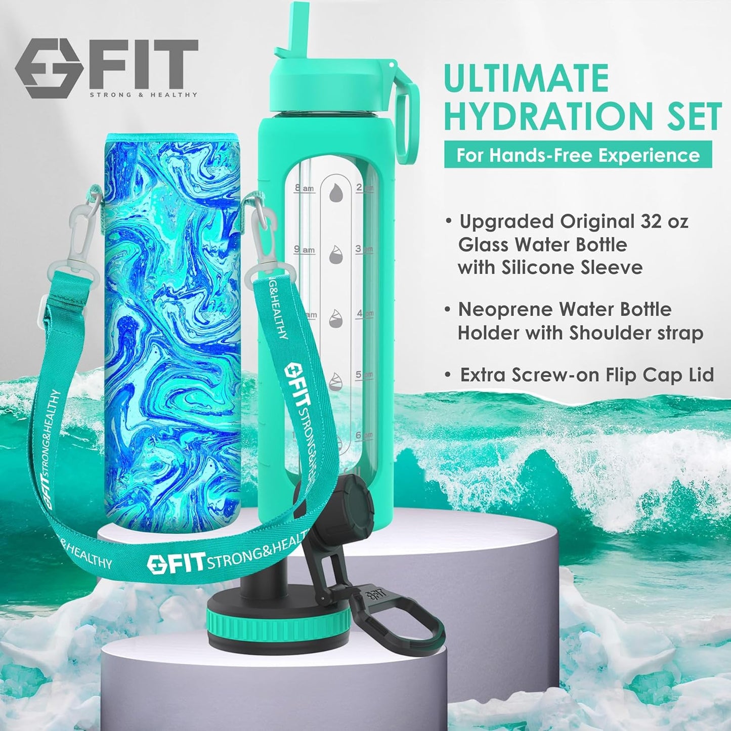 32 oz Glass Water Bottle with Straw Lid, Time Marker, Sleeve, Extra Lid & Holder - Motivational Wide Mouth 1L Drinking Bottle - Seafoam Sleeve, Blue Marble Carrier