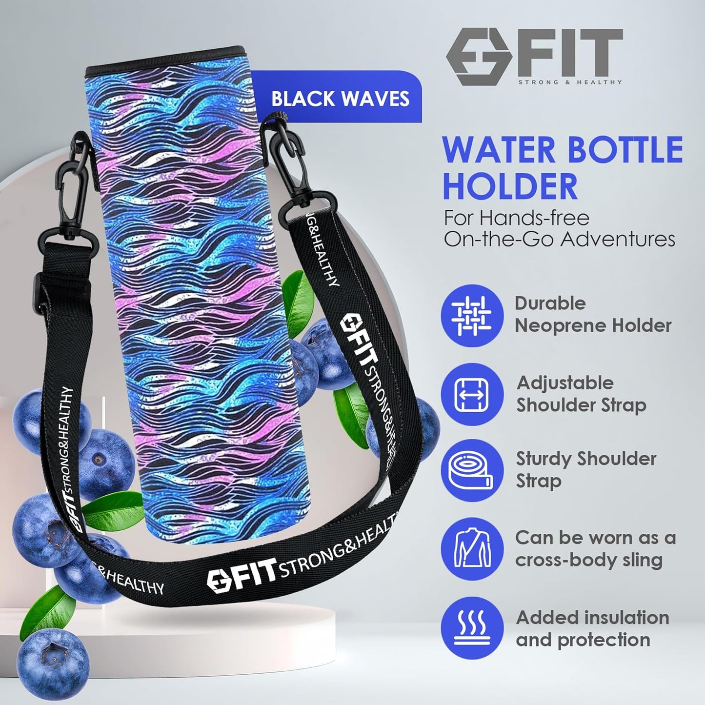 32 oz Glass Water Bottle with Straw Lid, Time Marker, Sleeve, Holder & Strap - Motivational 1L Drinking Bottle (Royal Blue Sleeve, Black Waves Carrier)