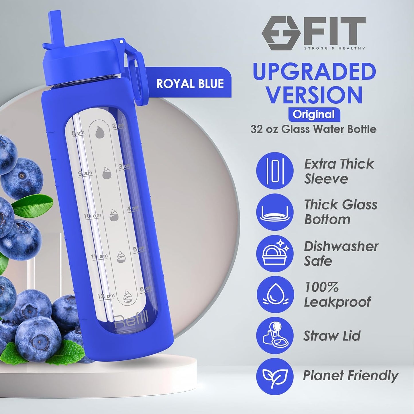 32 oz Glass Water Bottle with Straw Lid, Time Marker, Sleeve, Holder & Strap - Motivational 1L Drinking Bottle (Royal Blue Sleeve, Black Waves Carrier)