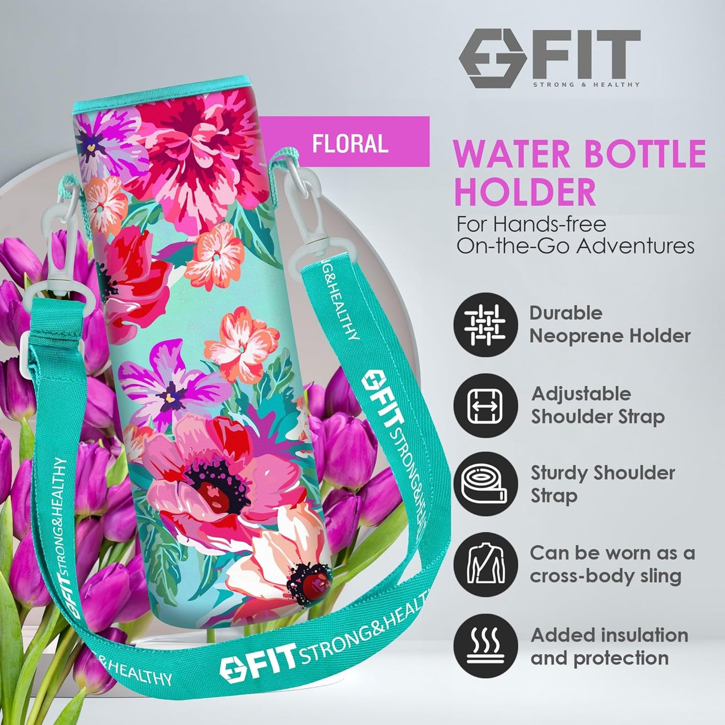 32 oz Glass Water Bottle with Straw Lid, Time Marker, Sleeve, Holder & Strap - Motivational, Wide Mouth, 1L Drinking Bottle - Purple Floral Carrier