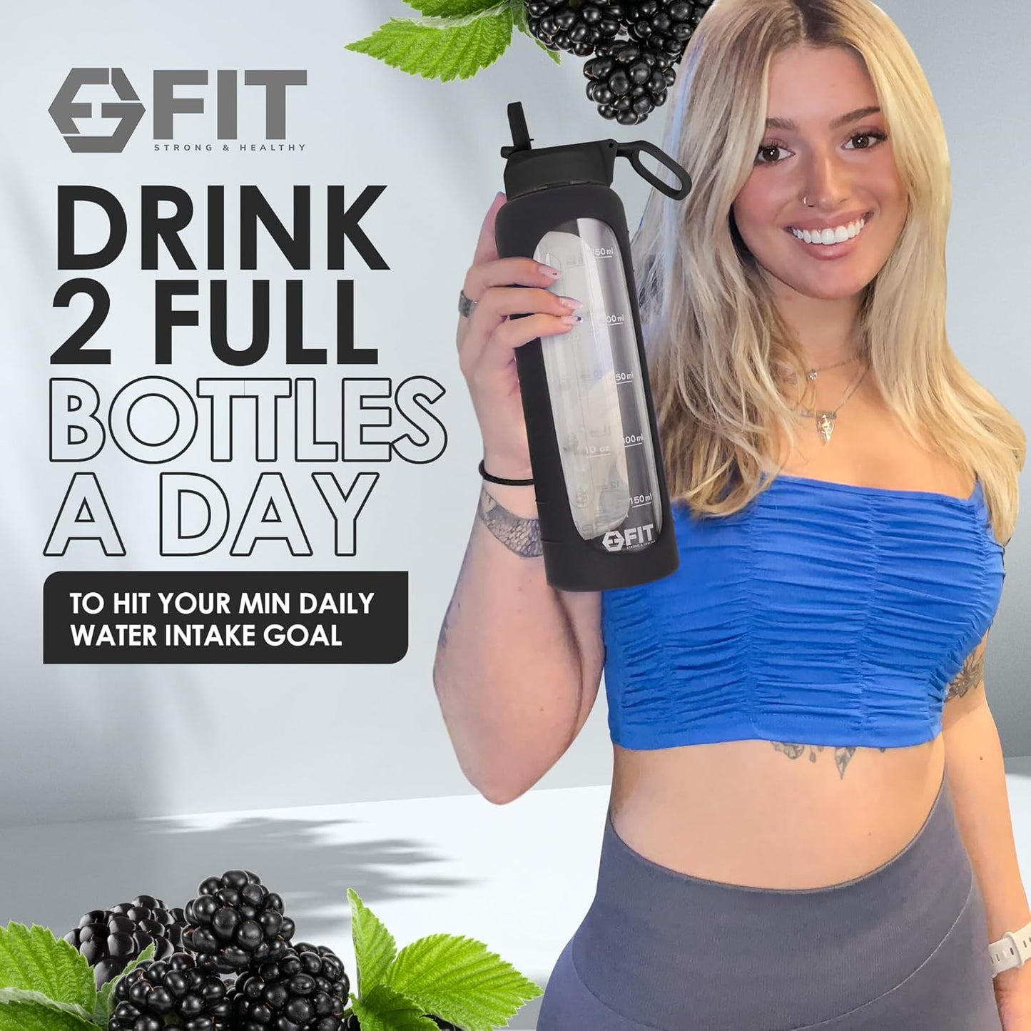 32 oz Glass Water Bottle with Straw Lid, Time Marker, & Sleeve - BPA-Free Large Glass Drinking Bottle