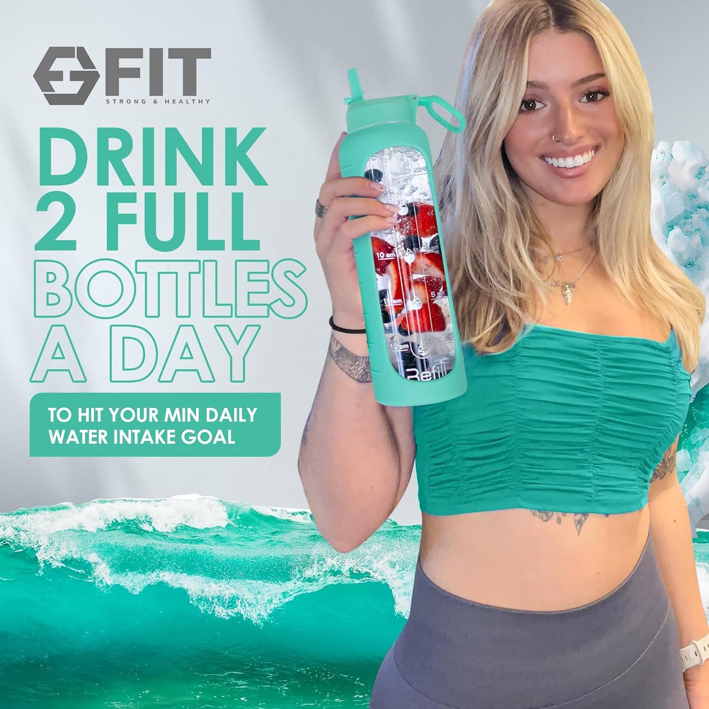 32 oz Glass Water Bottle with Straw Lid, Time Marker, Sleeve, & Brush - Motivational Wide Mouth BPA-Free Glass Bottle