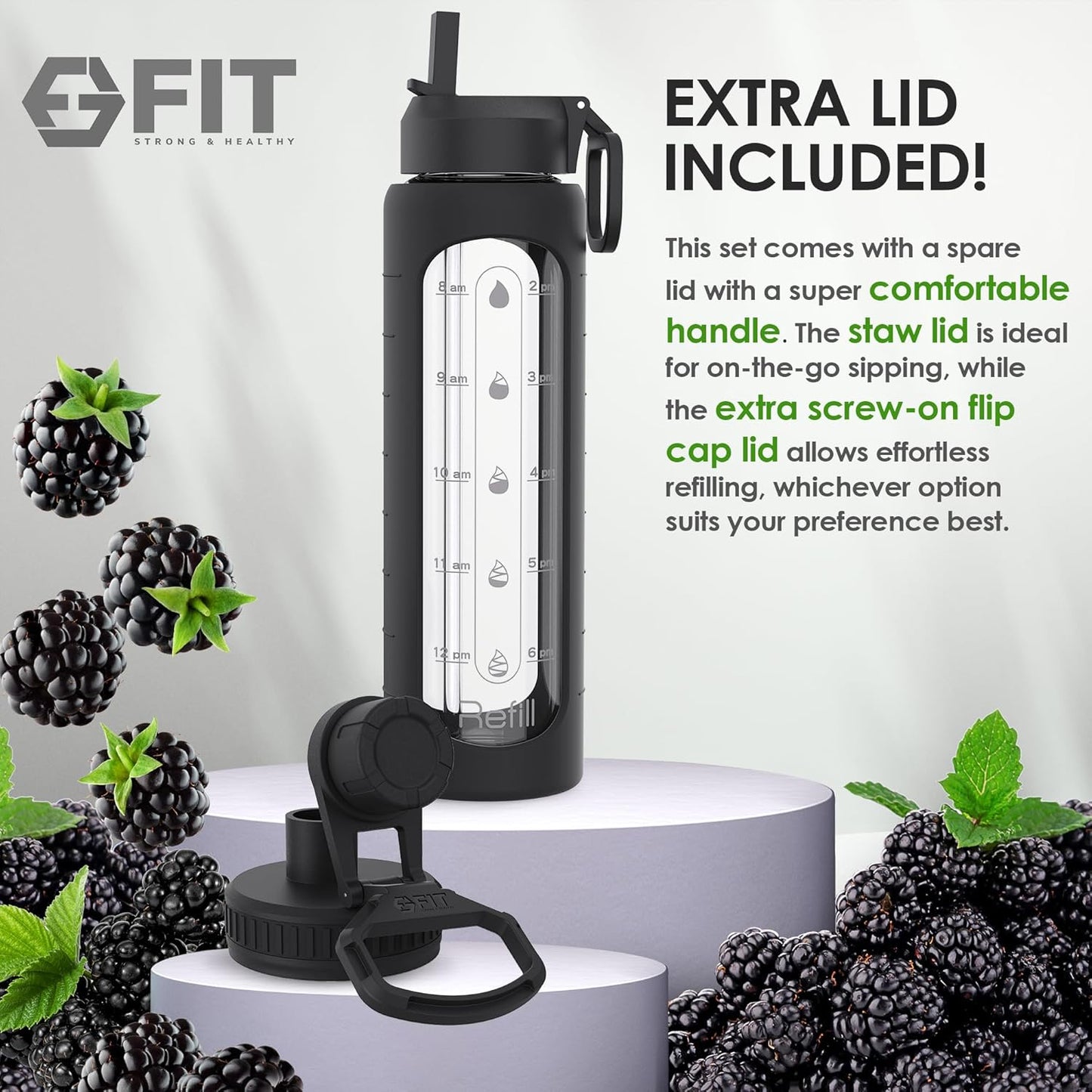 32 oz Glass Water Bottle with Straw Lid, Time Marker, Sleeve, Extra Lid & Holder - Motivational Wide Mouth 1L Drinking Bottle