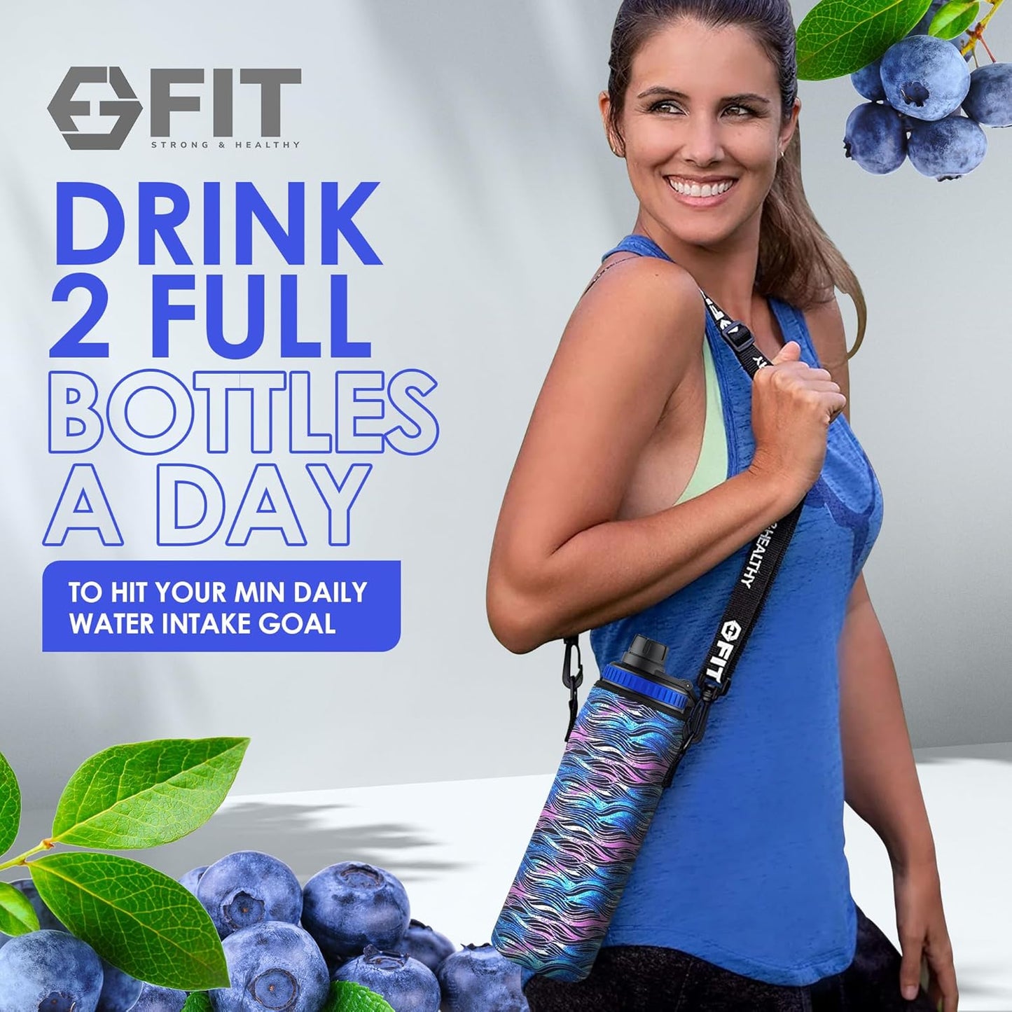 32 oz Glass Water Bottle with Straw Lid, Time Marker, Sleeve, Holder & Strap - Motivational 1L Drinking Bottle (Royal Blue Sleeve, Black Waves Carrier)