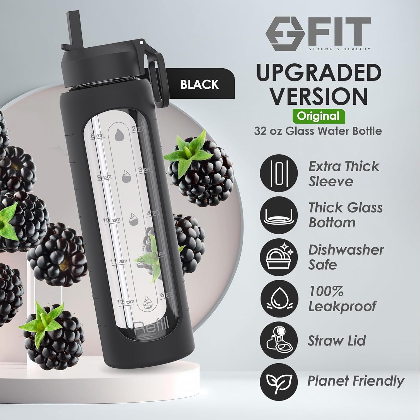 32 oz Glass Water Bottle with Straw Lid, Time Marker, Sleeve, Extra Lid & Holder - Motivational Wide Mouth 1L Drinking Bottle