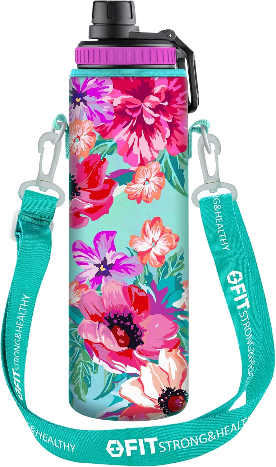 32 oz Glass Water Bottle with Straw Lid, Time Marker, Sleeve, Holder & Strap - Motivational, Wide Mouth, 1L Drinking Bottle - Purple Floral Carrier