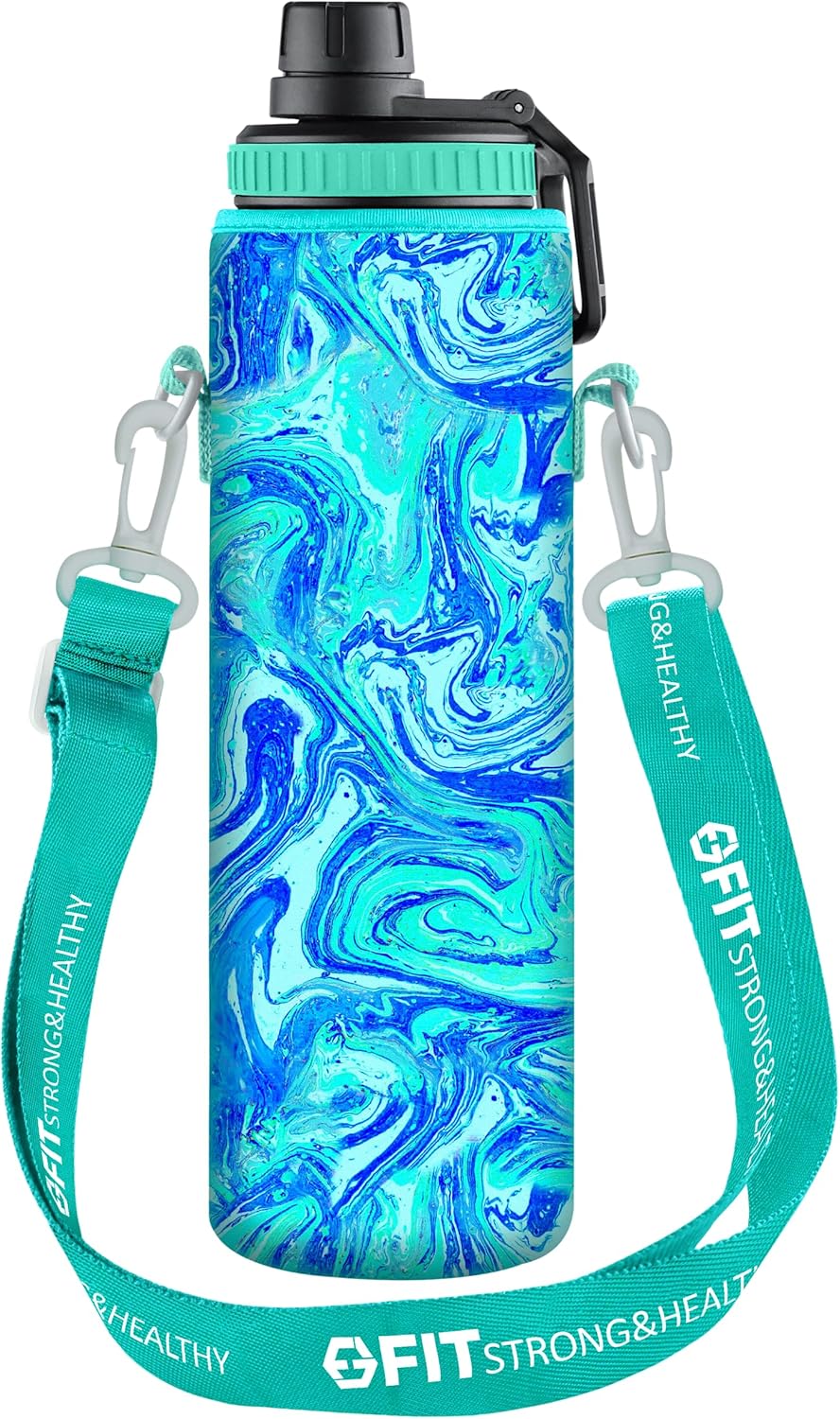 32 oz Glass Water Bottle with Straw Lid, Time Marker, Sleeve, Extra Lid & Holder - Motivational Wide Mouth 1L Drinking Bottle - Seafoam Sleeve, Blue Marble Carrier