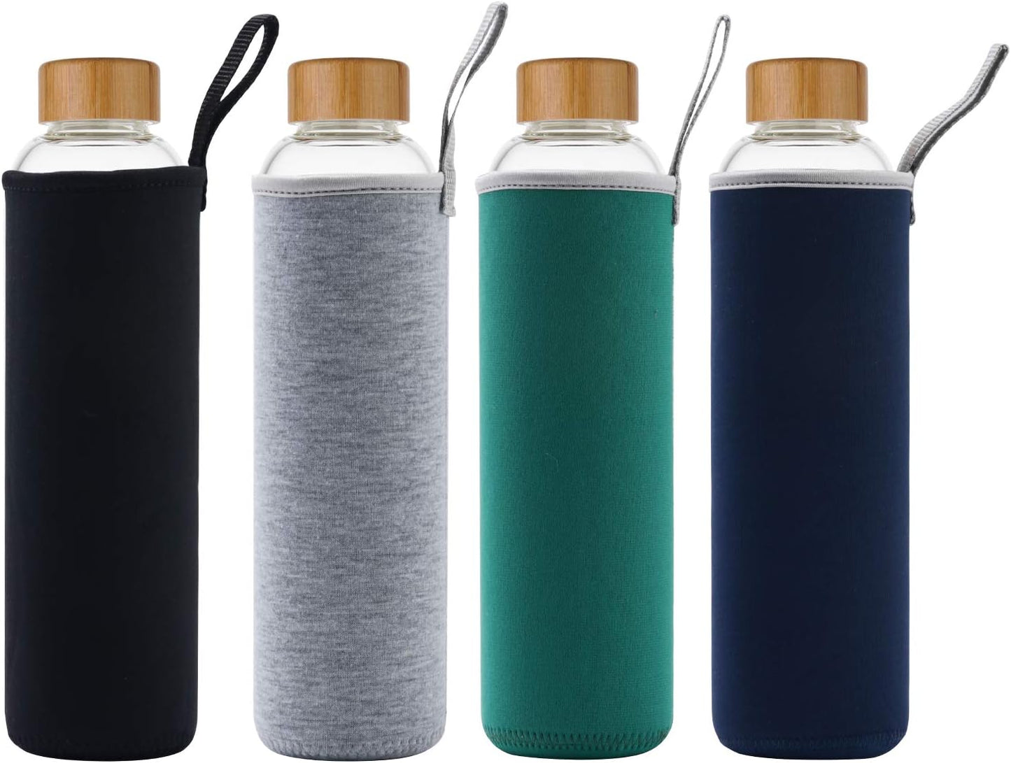 32 oz Glass Water Bottle with Time Marker, Bamboo Lid, Neoprene Sleeve - Reusable, Eco-Friendly, BPA-Free for Travel, Gym, Home - Gray