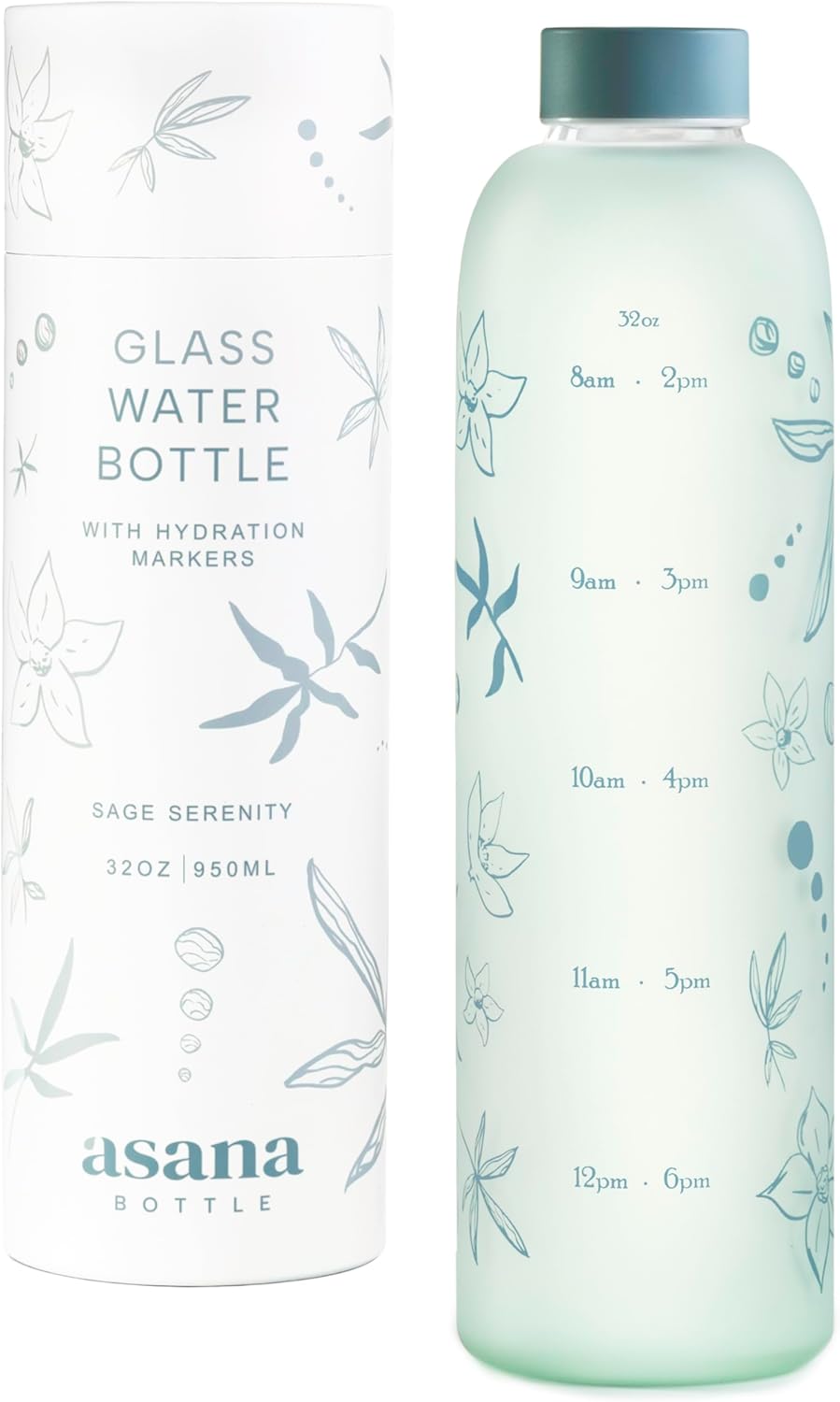 32 oz Glass Water Bottle with Time Marker, BPA Free Borosilicate Glass - Leakproof & Reusable (Sage Serenity)