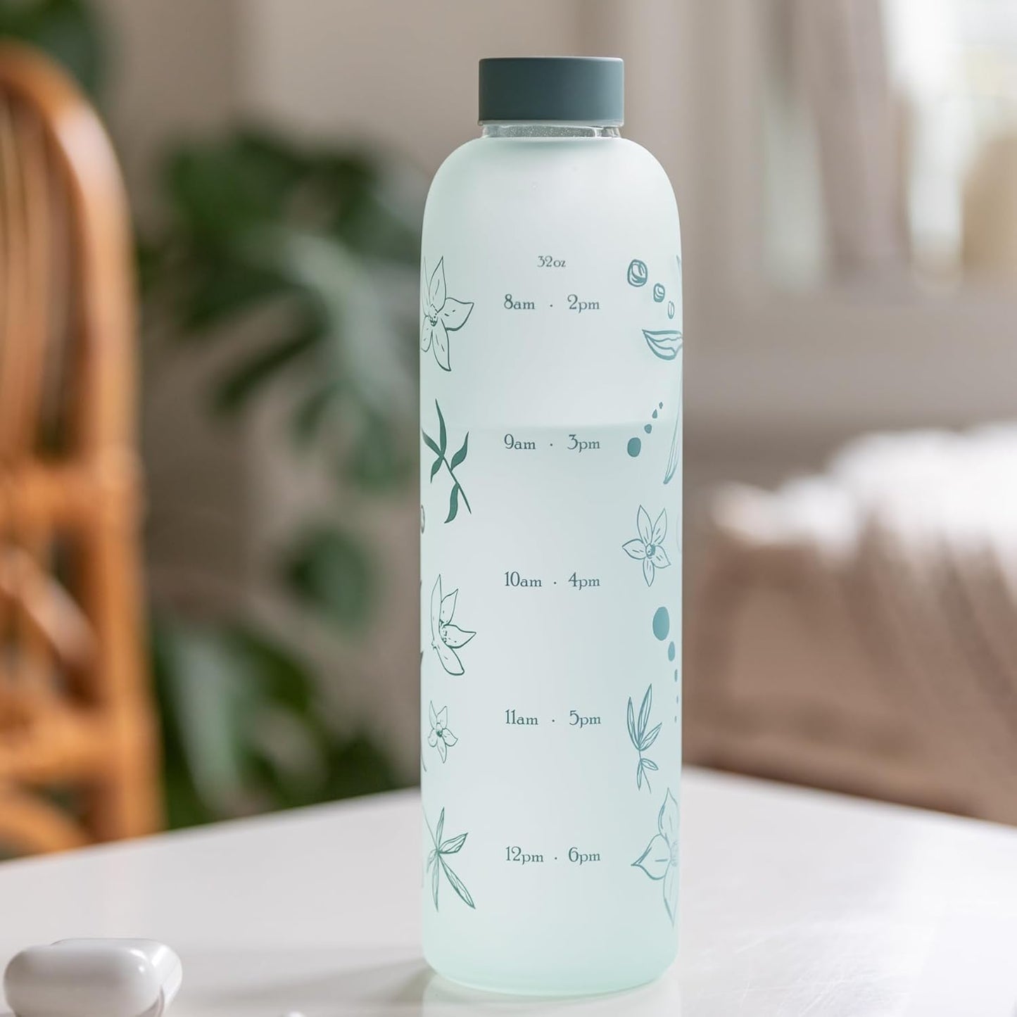 32 oz Glass Water Bottle with Time Marker, BPA Free Borosilicate Glass - Leakproof & Reusable (Sage Serenity)