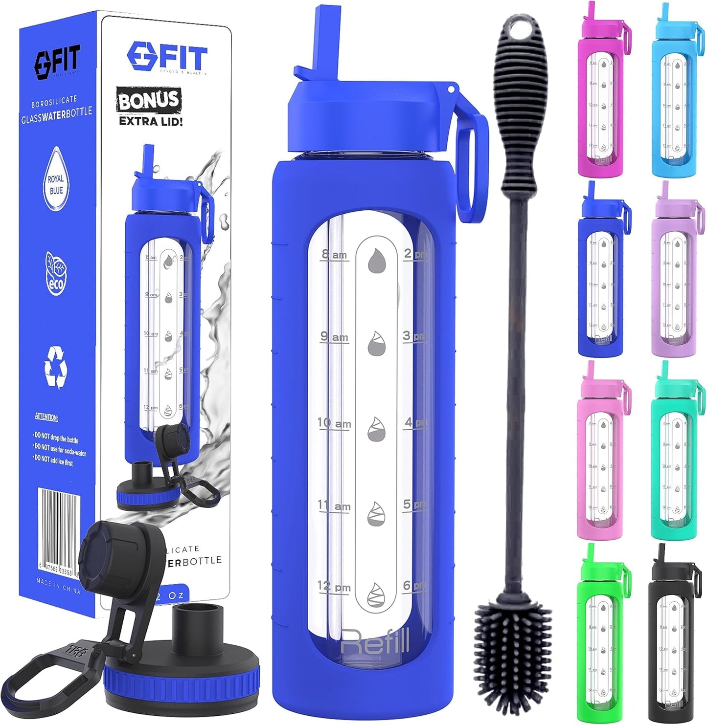 32 oz Glass Water Bottle with Time Marker Reminder - BPA Free, Leakproof, Wide Mouth, Reusable, Motivational (Royal Blue)