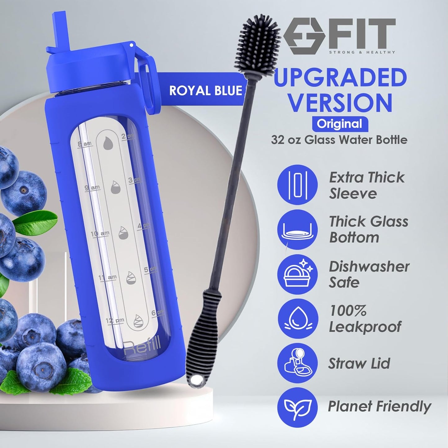 32 oz Glass Water Bottle with Time Marker Reminder - BPA Free, Leakproof, Wide Mouth, Reusable, Motivational (Royal Blue)
