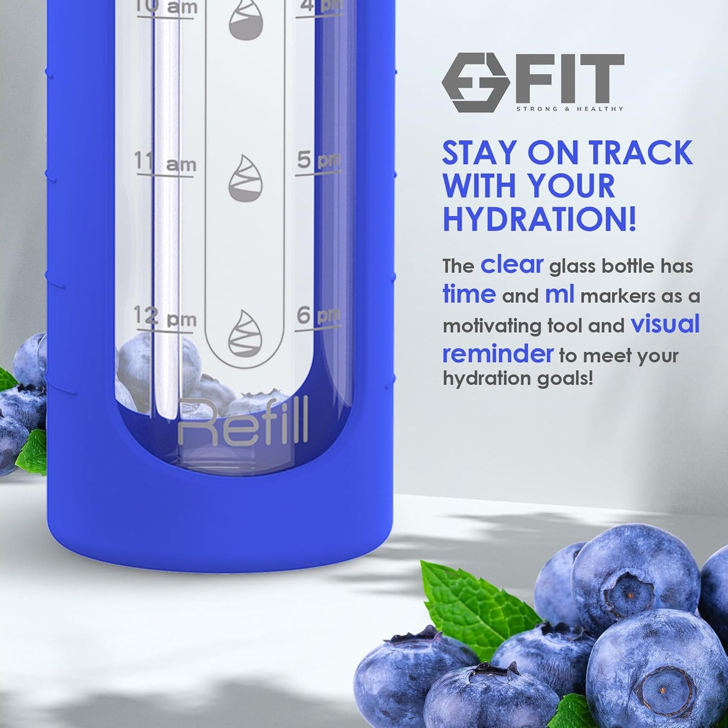 32 oz Glass Water Bottle with Time Marker Reminder - BPA Free, Leakproof, Wide Mouth, Reusable, Motivational (Royal Blue)