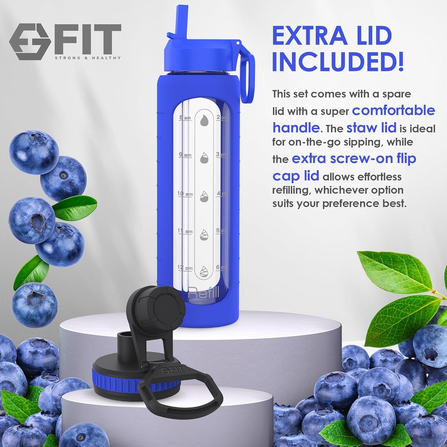 32 oz Glass Water Bottle with Time Marker Reminder - BPA Free, Leakproof, Wide Mouth, Reusable, Motivational (Royal Blue)