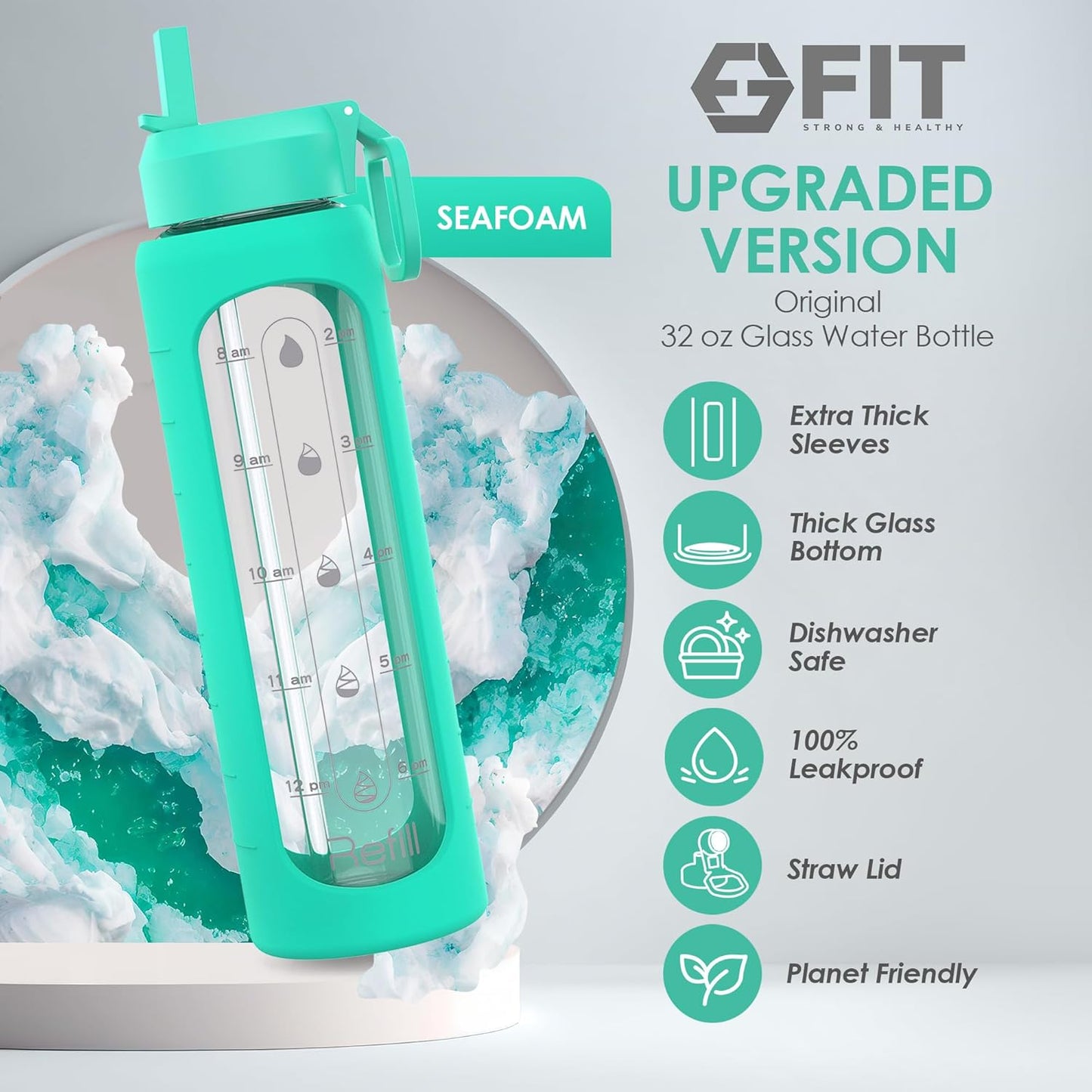 32 oz Glass Water Bottle with Time Marker & Silicone Sleeve - BPA Free, Leakproof Lids & Wide Mouth - 1 Liter Motivational Drinking Bottle in Seafoam Color